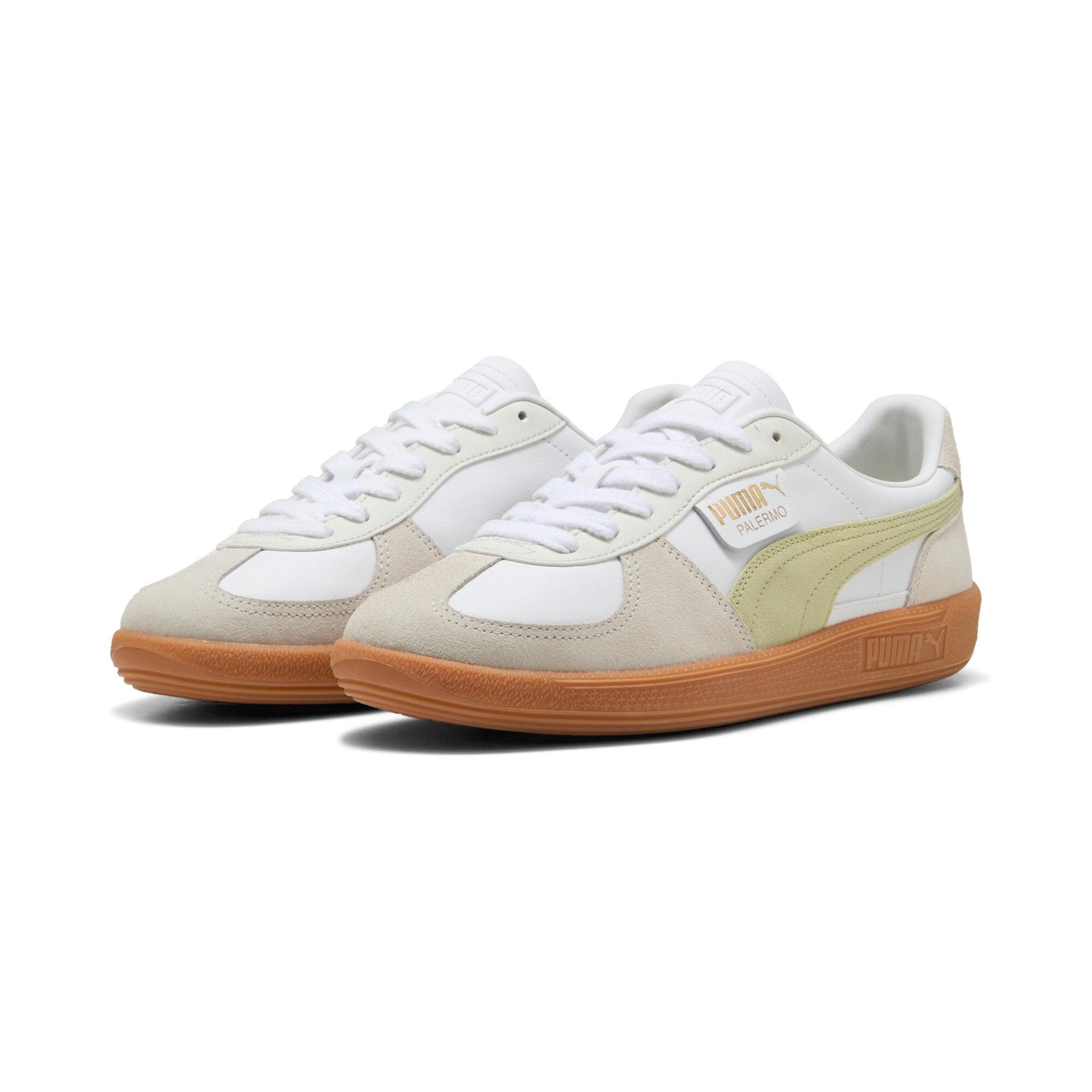 Sneaker Puma "Palermo Lth", Damen, Gr. 47, Puma Weiß, Vapor Gray, Pistachio GrüN, Leder, Mehrfarbig, Schuhe Sneaker, FüR Sportliche Looks, Aus Leder, Mit Overlays Aus Wildleder