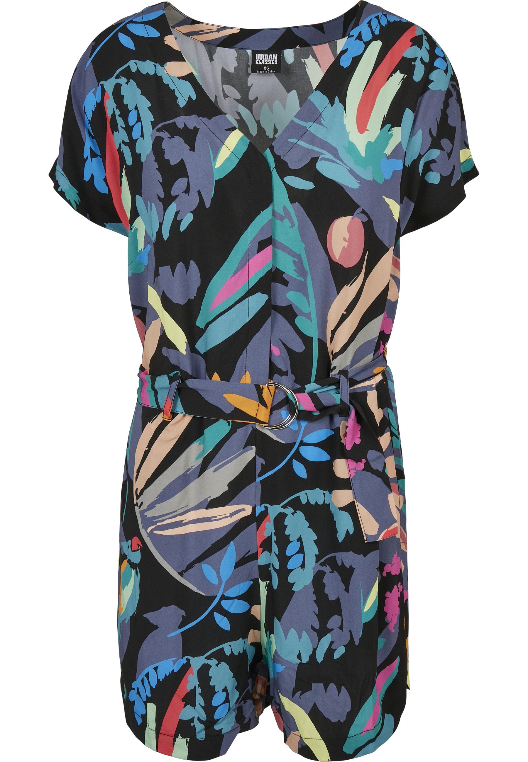 Jumpsuit Urban Classics "Urban Classics Damen Ladies Short Viscose Belt Jumpsuit", Damen, Gr. 3XL, Us-GrößEn, Bunt (Schwarzfruity), 100% Viskose, Loose Fit, Overalls Jumpsuit