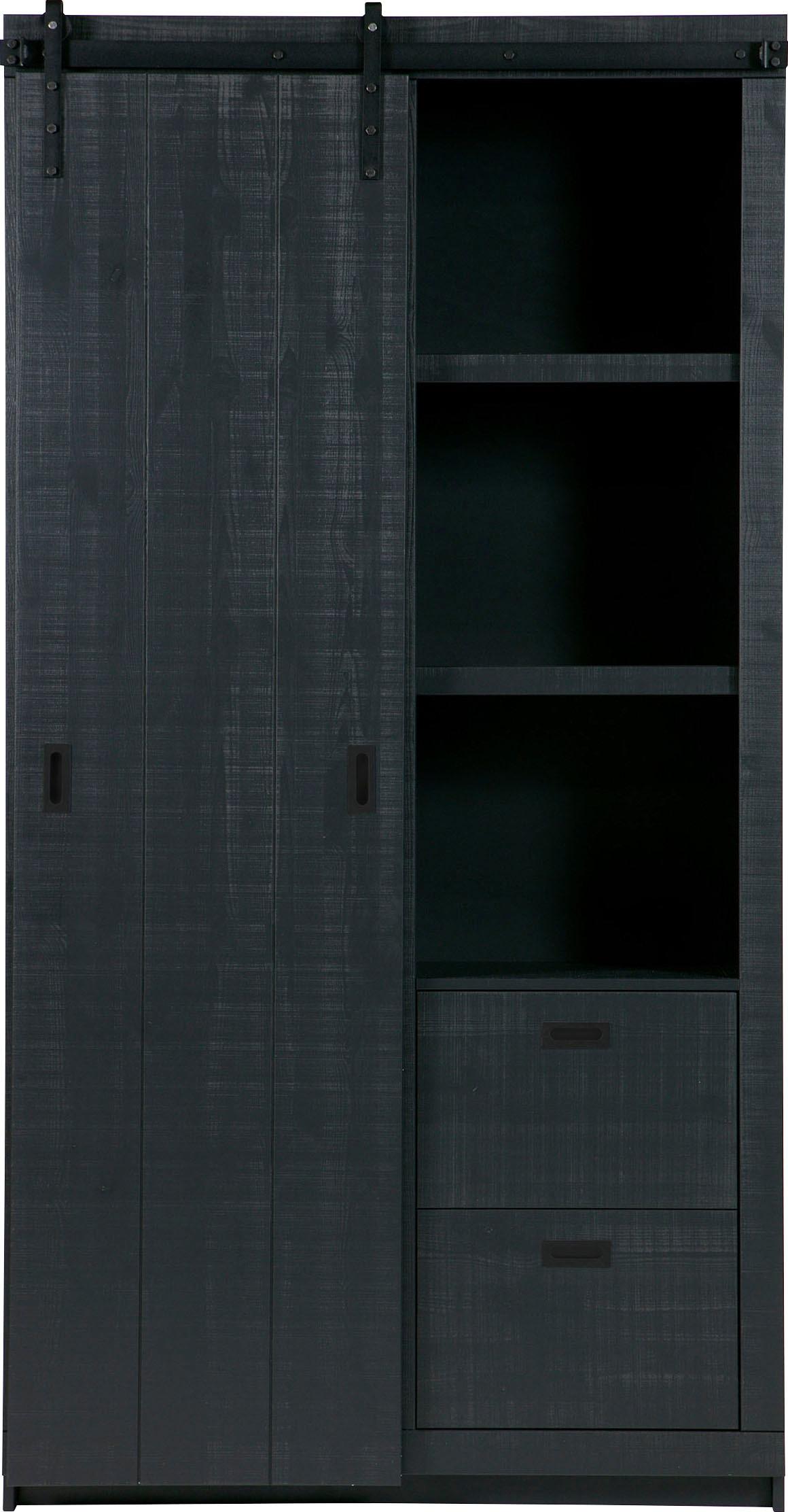 Vitrine Woood "Slide, Mit SchiebetüR", Schwarz, B:122Cm H:230Cm T:37Cm, Holzwerkstoff, SchräNke, Vitrine, Mit 4 SchubkäSten, H 230 Cm X B 120 Cm