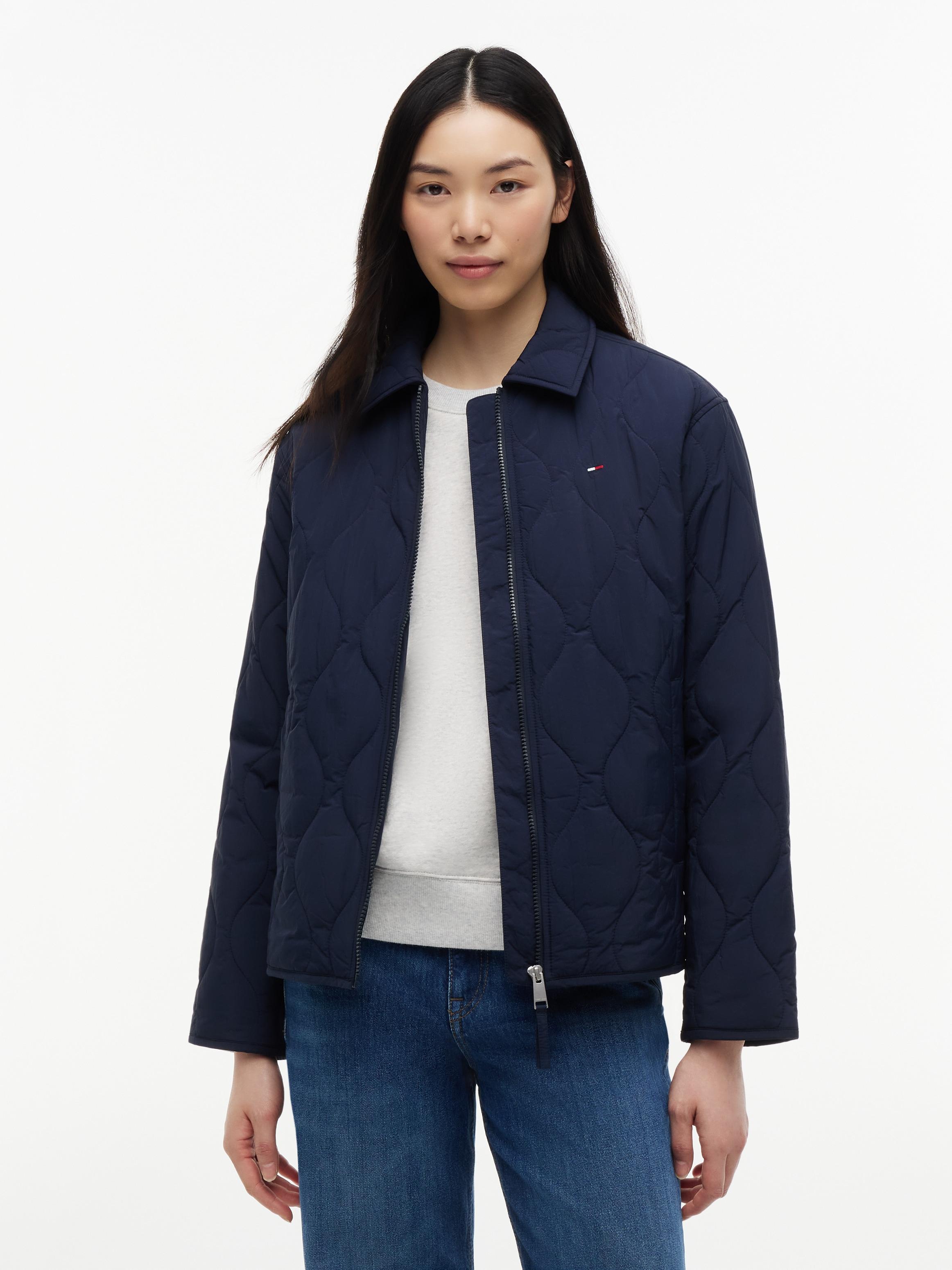 Steppjacke Tommy Jeans "Tjw Coach Collar Quilted Jacket", Damen, Gr. S (36/38), Blau (Schwarz Night Navy), Steppware, Obermaterial: 100% Nylon, Unifarben, Normal, Jacken Steppjacke, Kunstfaser, Flag-Stickerei