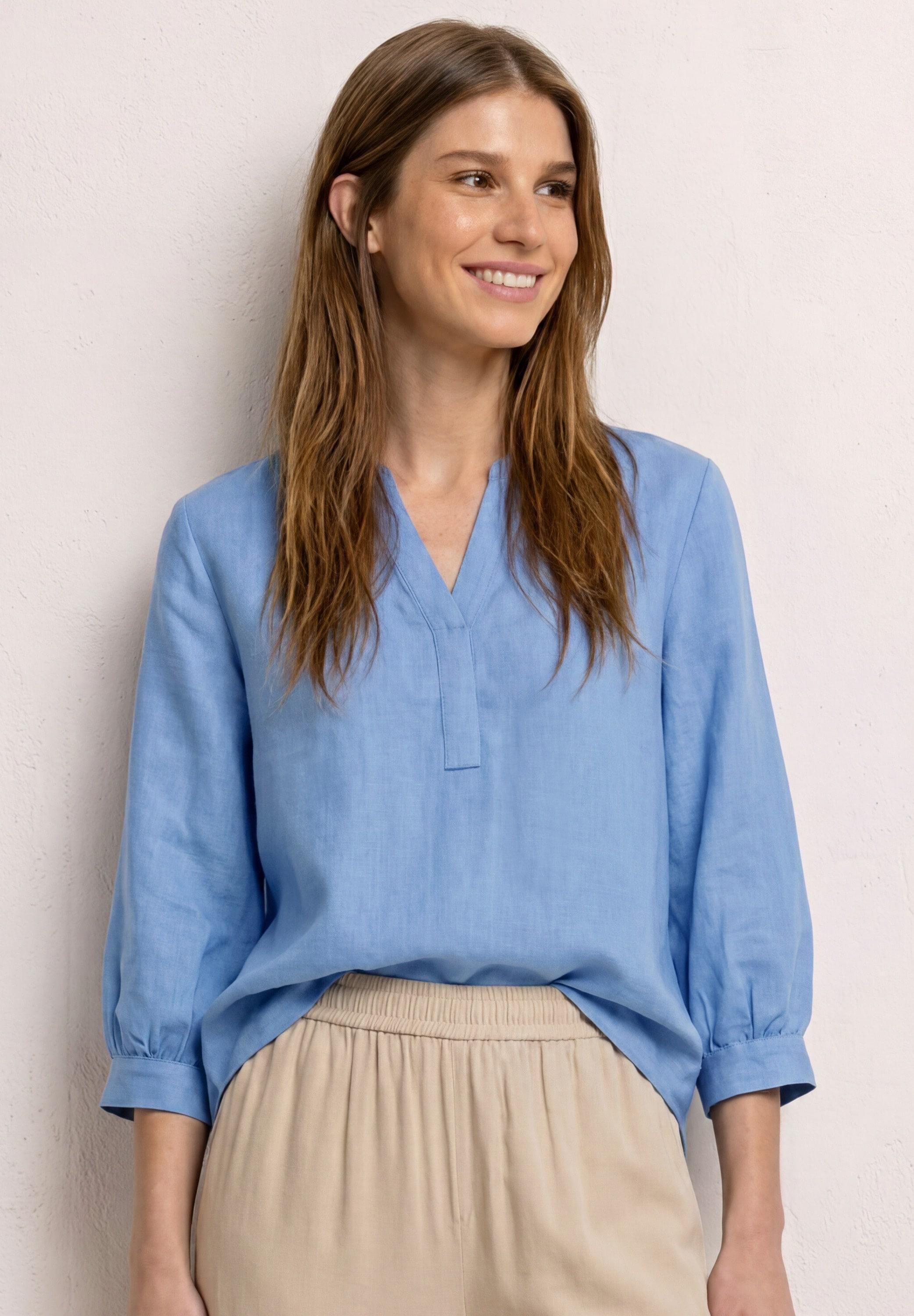 Shirtbluse Street One, Damen, Gr. 38, Drift Blau, Web, 55% Leinen, 45% Viskose, Unifarben, Klassisch Normal, Rundhals, BüNdchen, Blusen, Mit Geschlitztem Rundhalsausschnitt