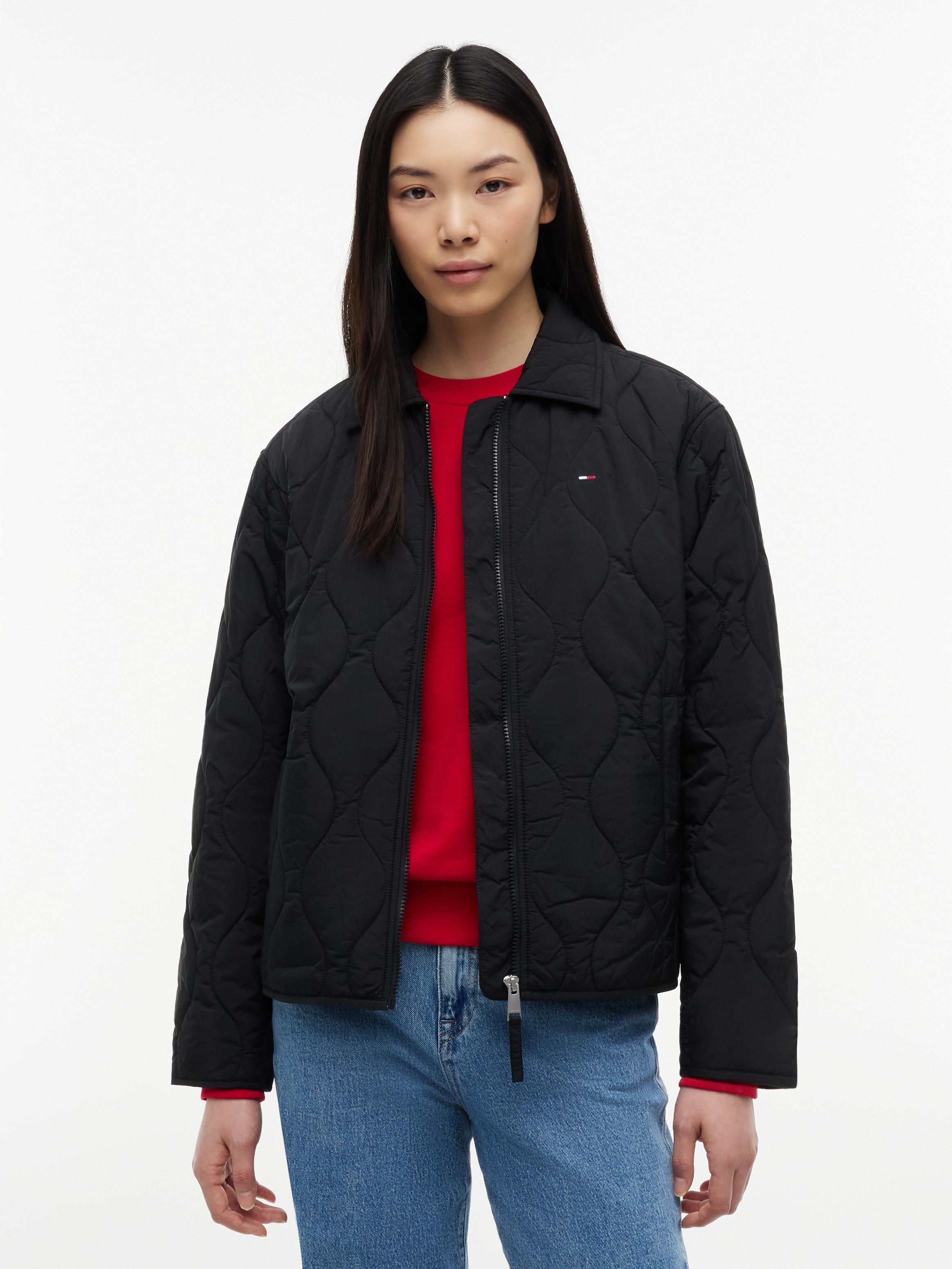 Steppjacke Tommy Jeans "Tjw Coach Collar Quilted Jacket", Damen, Gr. M (40), Schwarz, Steppware, Obermaterial: 100% Nylon, Unifarben, Normal, Jacken Steppjacke, Kunstfaser, Flag-Stickerei