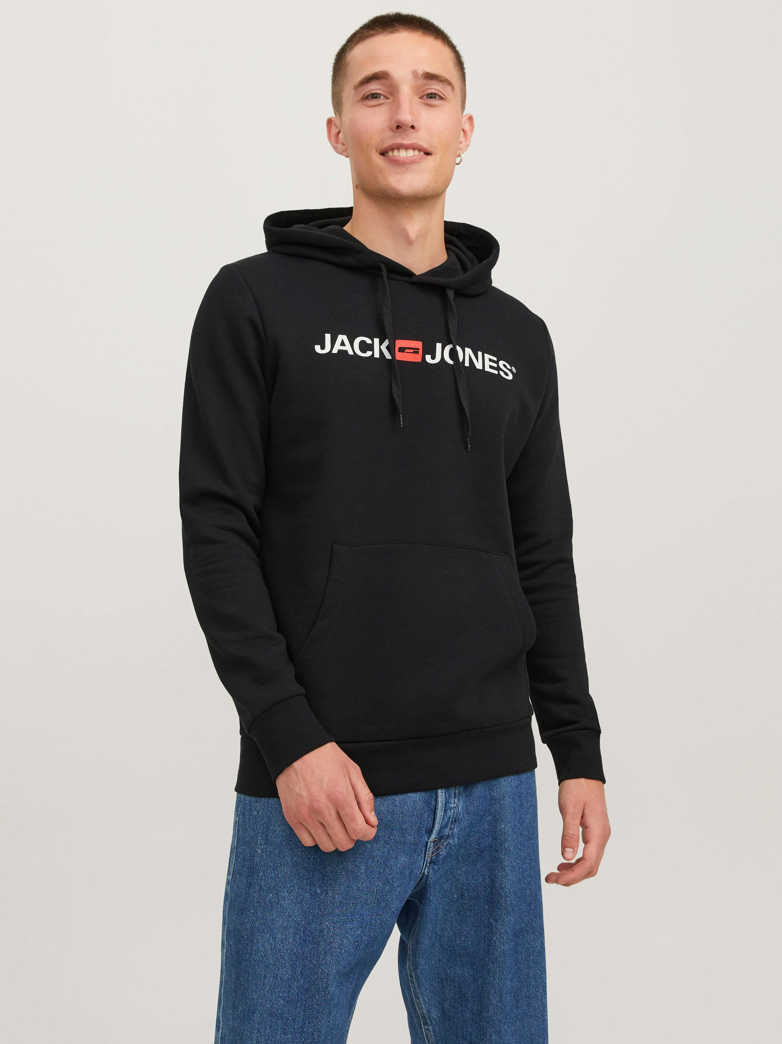 Kapuzensweatshirt Jack & Jones "Jjecorp Old Logo Sweat Hood Noos" Gr. L, Schwarz, Sweatshirts, Herren, L, Angeraute Sweatware, Obermaterial: 70% Baumwolle, 30% Polyester, Bedruckt, Bedruckt, Casual, Regular Fit, Baumwollmischung, Rundhals