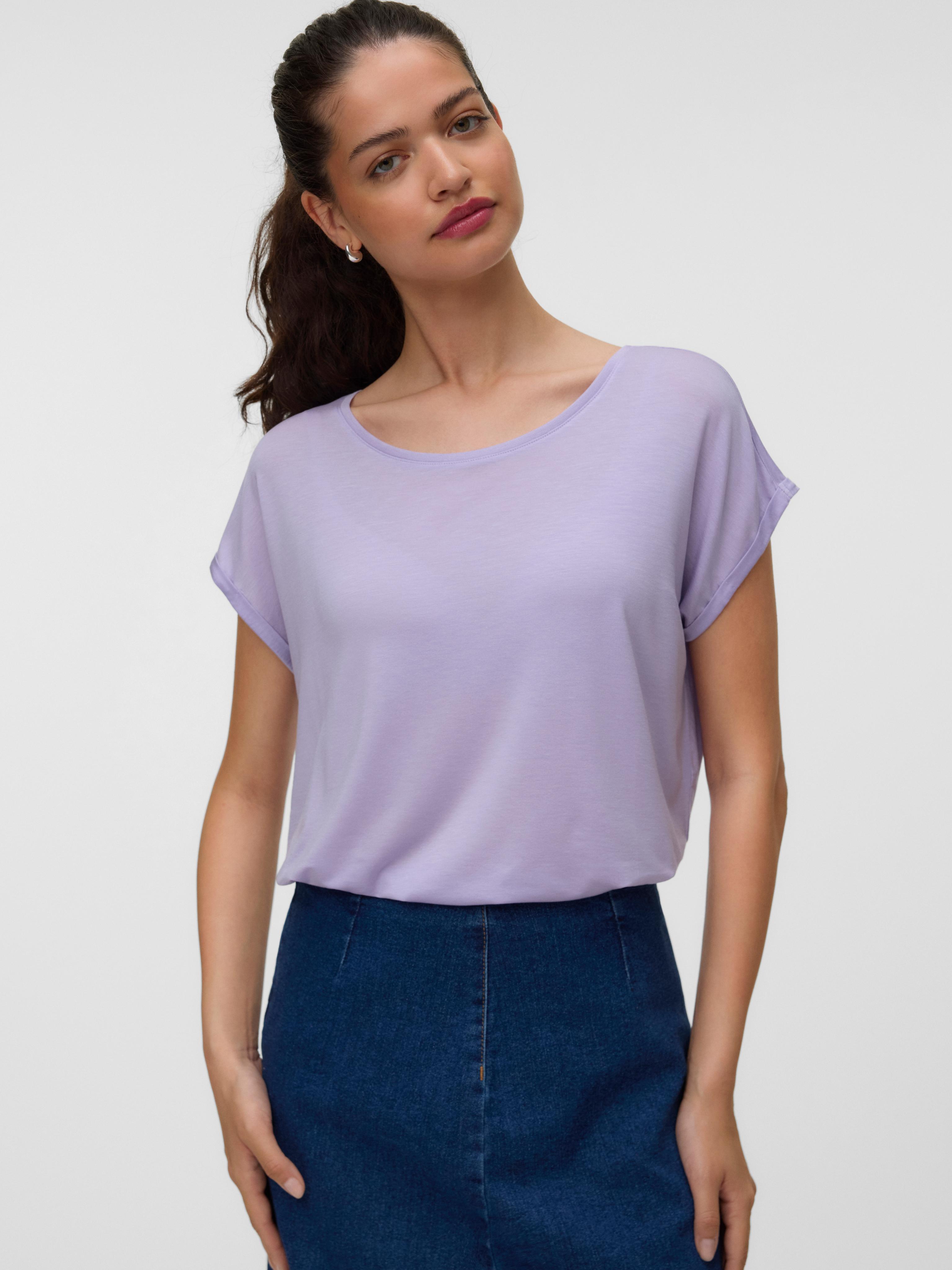 Kurzarmshirt Vero Moda "Vmava Plain Ss Top Jrs Noos", Damen, Gr. Xs, Lila (Pastel Lila), Jersey, Obermaterial: 95% Lyocell, 5% Elasthan, Unifarben, Regular Fit Normal, Rundhals, Shirts, Materialmix, Regular Fit