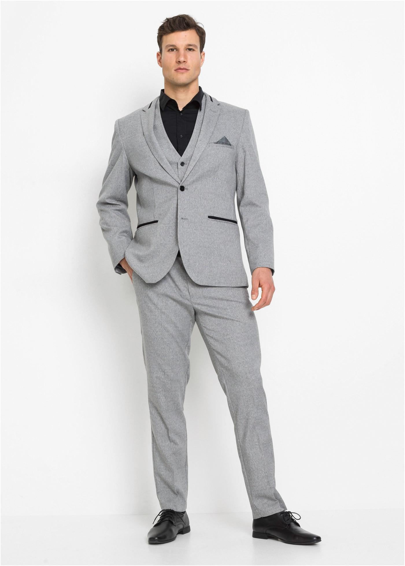 Anzug 3-Teilig Bonprix, Herren, Gr. 54, N-Gr, Grau (Hellgrau Meliert), Web, Obermaterial: 64% Polyester, 34% Viskose, 2% Elasthan. Futter: 100% Polyester, Meliert, Festlich, Regular Fit, AnzüGe, Regular Fit, Mit GüRtelschlaufen, Melierte Optik