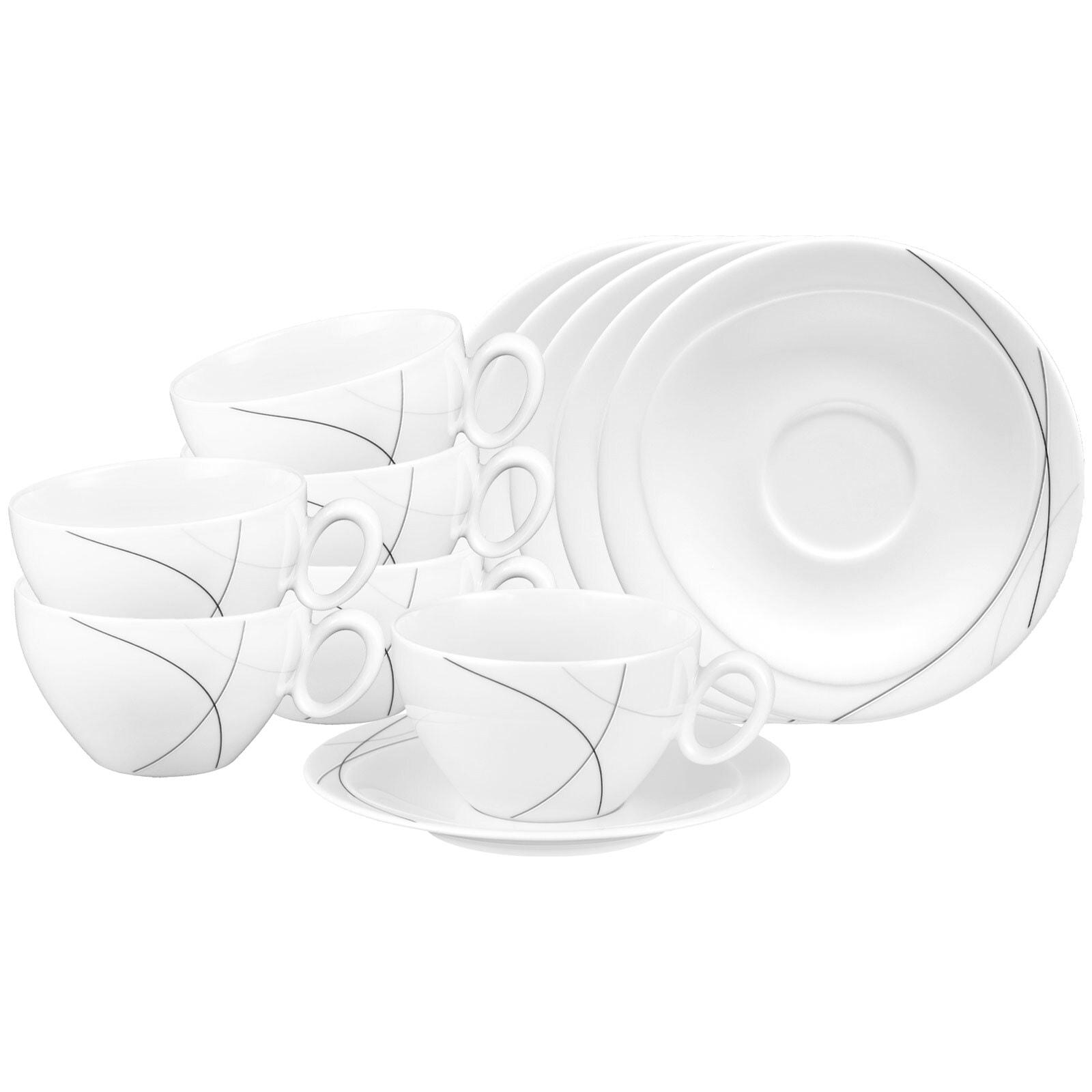 Tasse Seltmann Weiden "FrüHstüCkstassen Mit Untertassen Trio Highline 390 Ml 6Er Set Weiß-Grau", Bunt (Weiß, Grau), 12 Tlg., Porzellan, TrinkgefäßE, Tasse