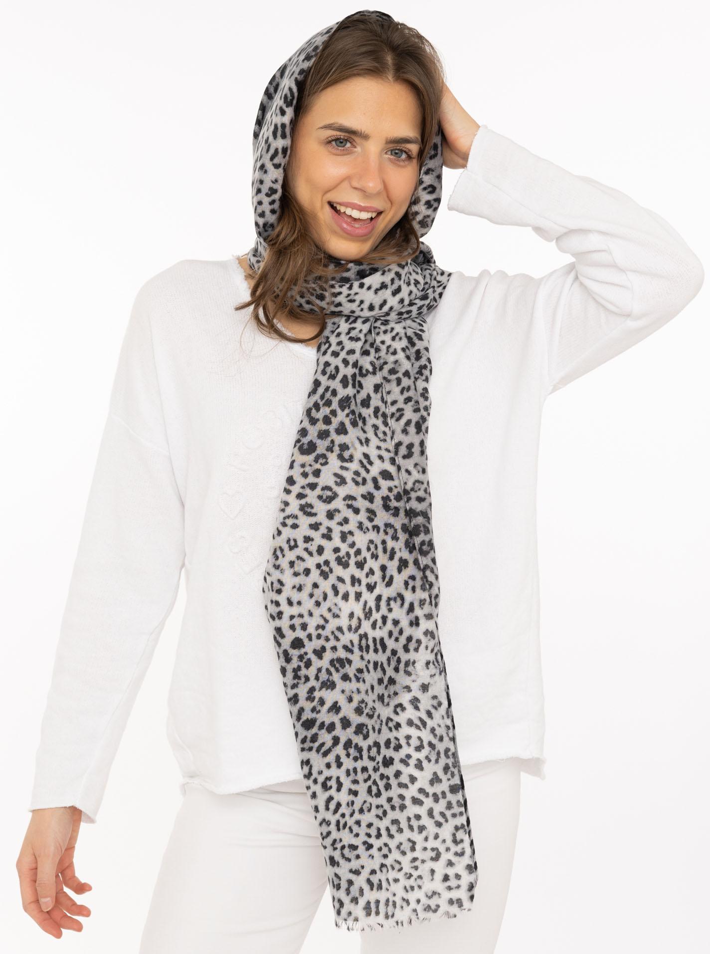 Schal Zwillingsherz "Print Leo", Damen, Grau, Web, Obermaterial: 100% Polyester, ModetüCher Schal, Leomuster, Fransen An Den Enden