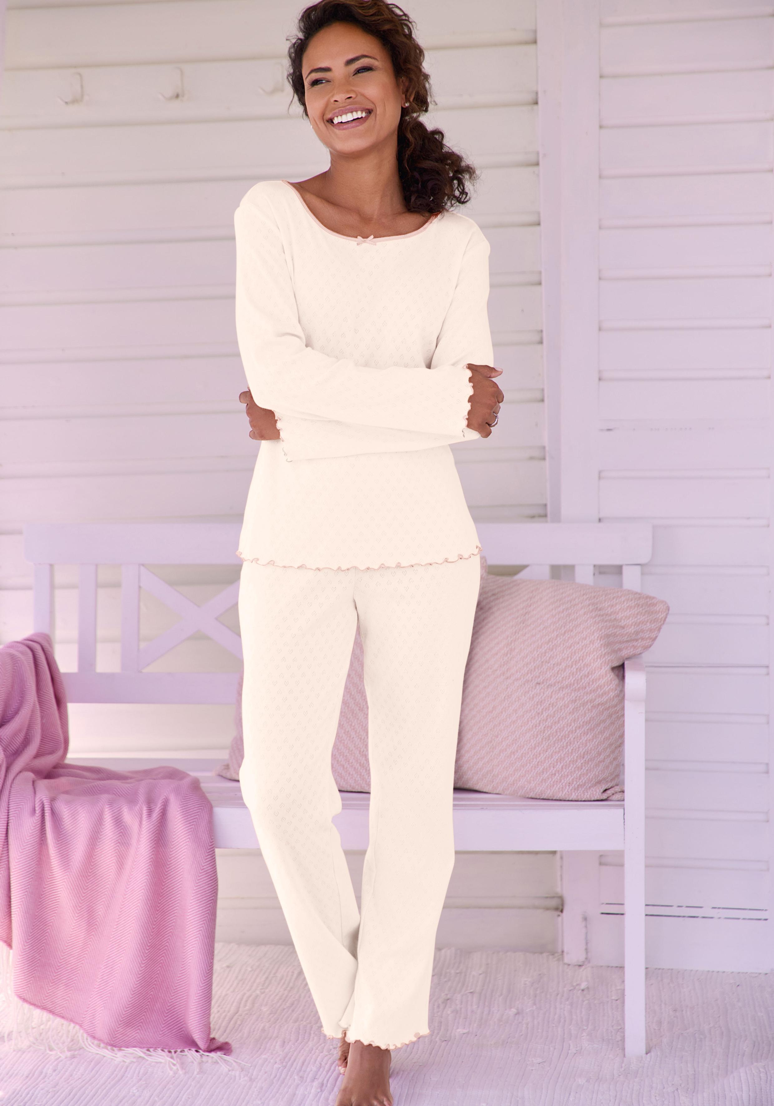 Pyjama Vivance Dreams, Damen, Gr. 32/34, Weiß (Apricot), Jersey, Obermaterial: 100% Baumwolle, Bequem HüFtlang, Rundhals, Eingesetzt Babylock Kontrastfarben, Homewear-Sets Pyjama, Mit Romantischem Ajour Muster