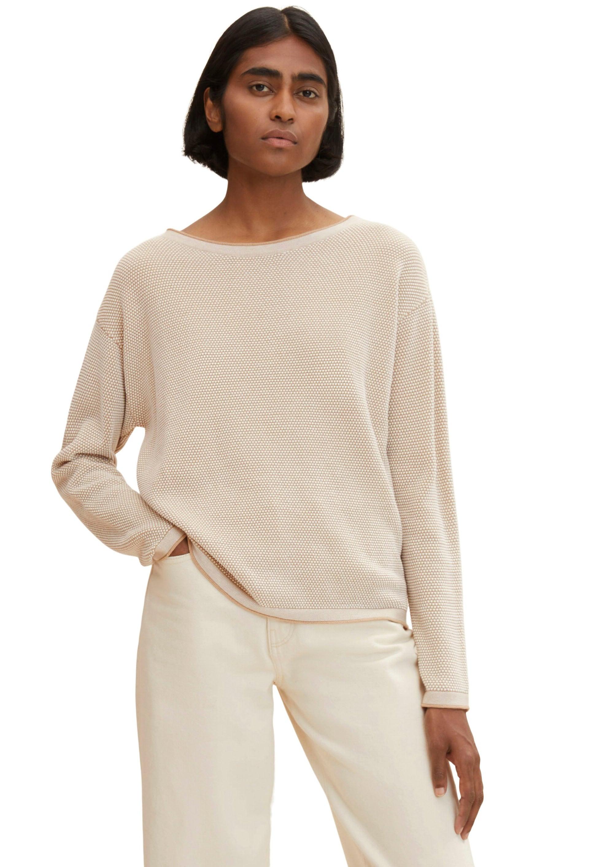 Strickpullover Tom Tailor, Damen, Gr. L (40), Beige (Beige Bubble), Strick, Obermaterial: 100% Baumwolle, Strukturmuster, Loose Fit HüFtbedeckend, U-Boot-Ausschnitt, Eingesetzt Rollkante, Pullover Strickpullover, Mit Modischer Struktur