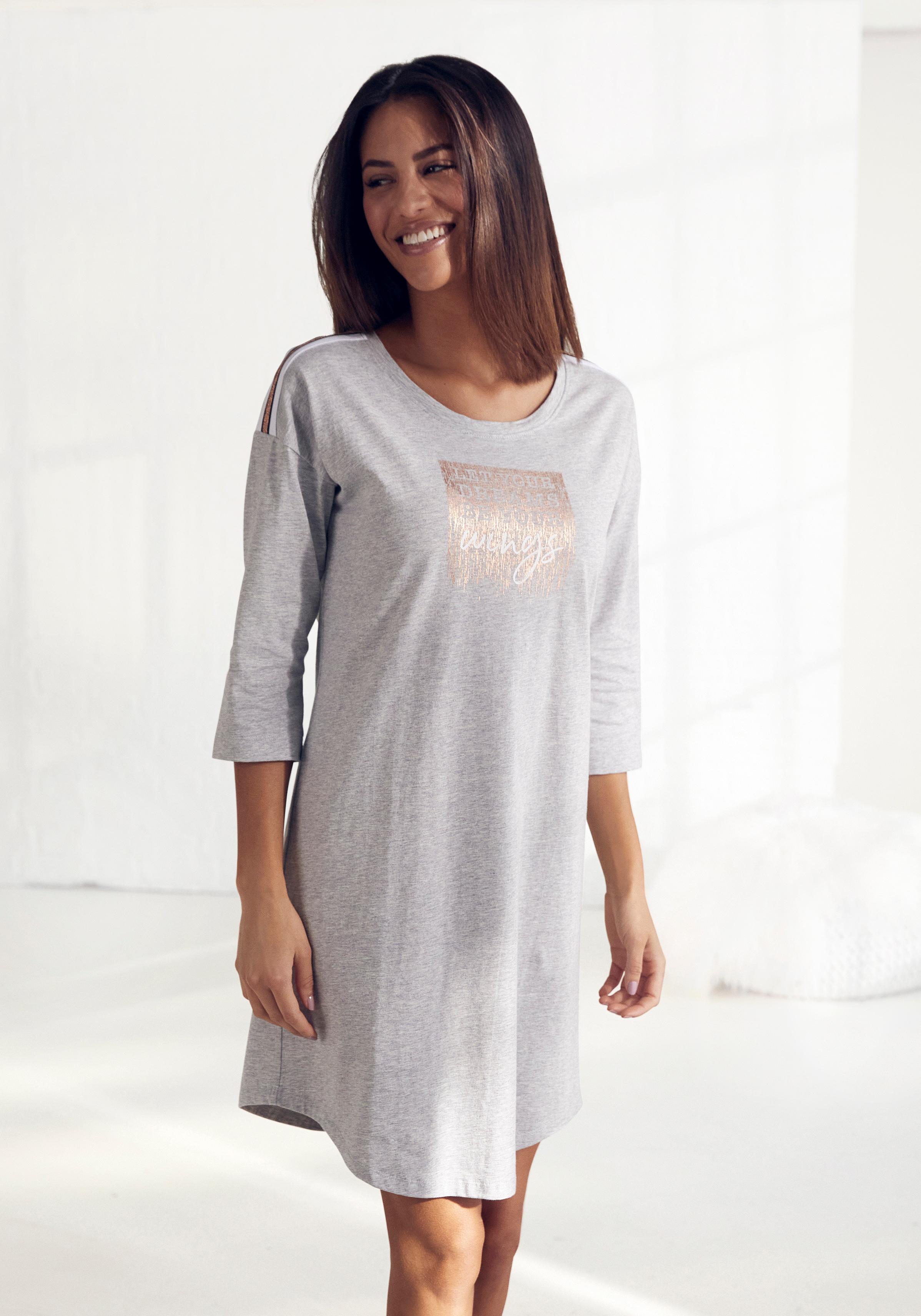 Nachthemd Vivance Dreams, Damen, Gr. 32/34, N-Gr, Grau (Grau, Meliert), Single Jersey, Obermaterial: 100% Baumwolle, Bedruckt, Kontrastfarbene Details, Unifarben, Loose Fit Kurz, Rundhals, Kleider Nachthemd, Mit Abgerundetem Saum