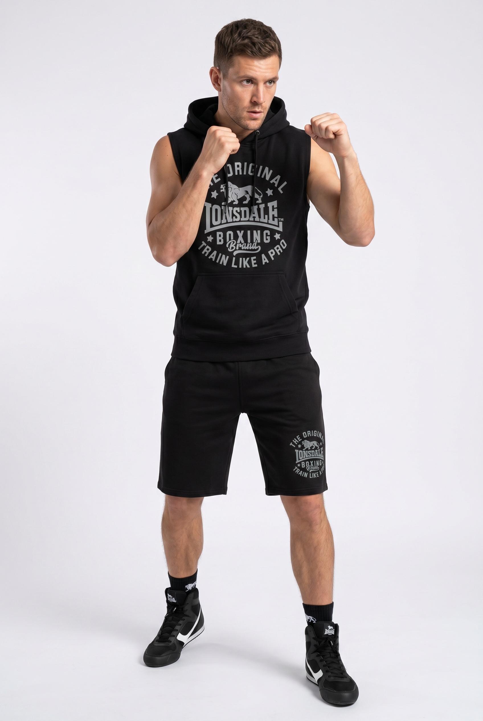 Trainingsanzug Lonsdale "Shotley", Herren, Gr. M, Schwarz (Schwarz, Grau), Obermaterial: 60% Baumwolle, 40% Polyester, SportanzüGe Trainingsanzug, Zweiteiliges Set, äRmelloser Hoodie Und Shorts, Aus Fleecestoff