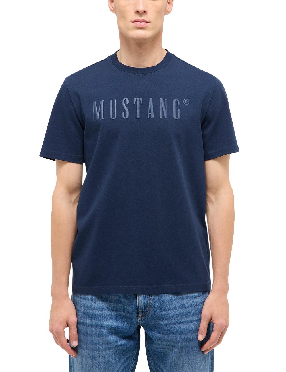 Kurzarmshirt Mustang "Herren Style Austin", Herren, Gr. Xl, Blau (Navy), Jersey, 100% Baumwolle, Rundhals, Shirts