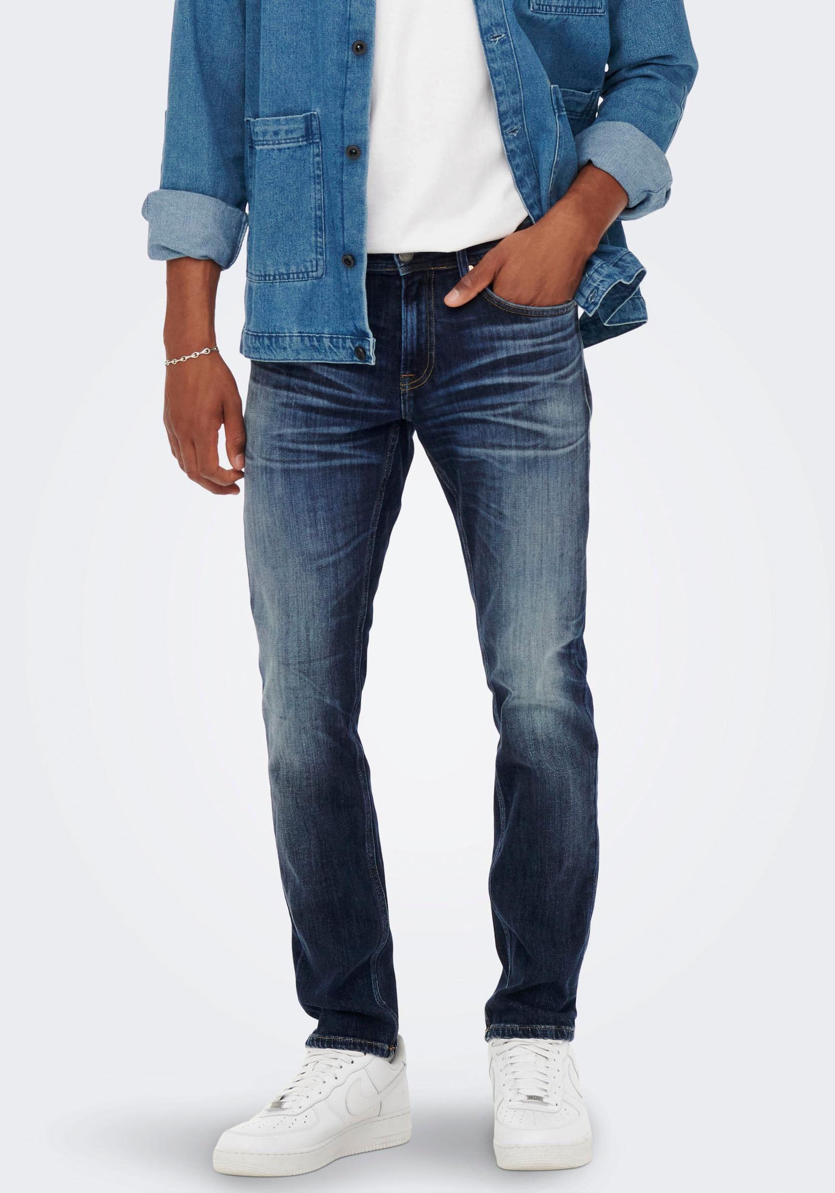 Straight-Jeans Only & Sons "Onsweft Regular Wb 0021 Tai Dnm Noos", Herren, Gr. 34, LäNge 32, Blau (Blau Denim), Denim/Jeans, Obermaterial: 98% Baumwolle, 2% Elasthan, Abriebeffekte, Regular Fit Lang, Jeans Straight-Jeans, Im 4-Pocket-Style