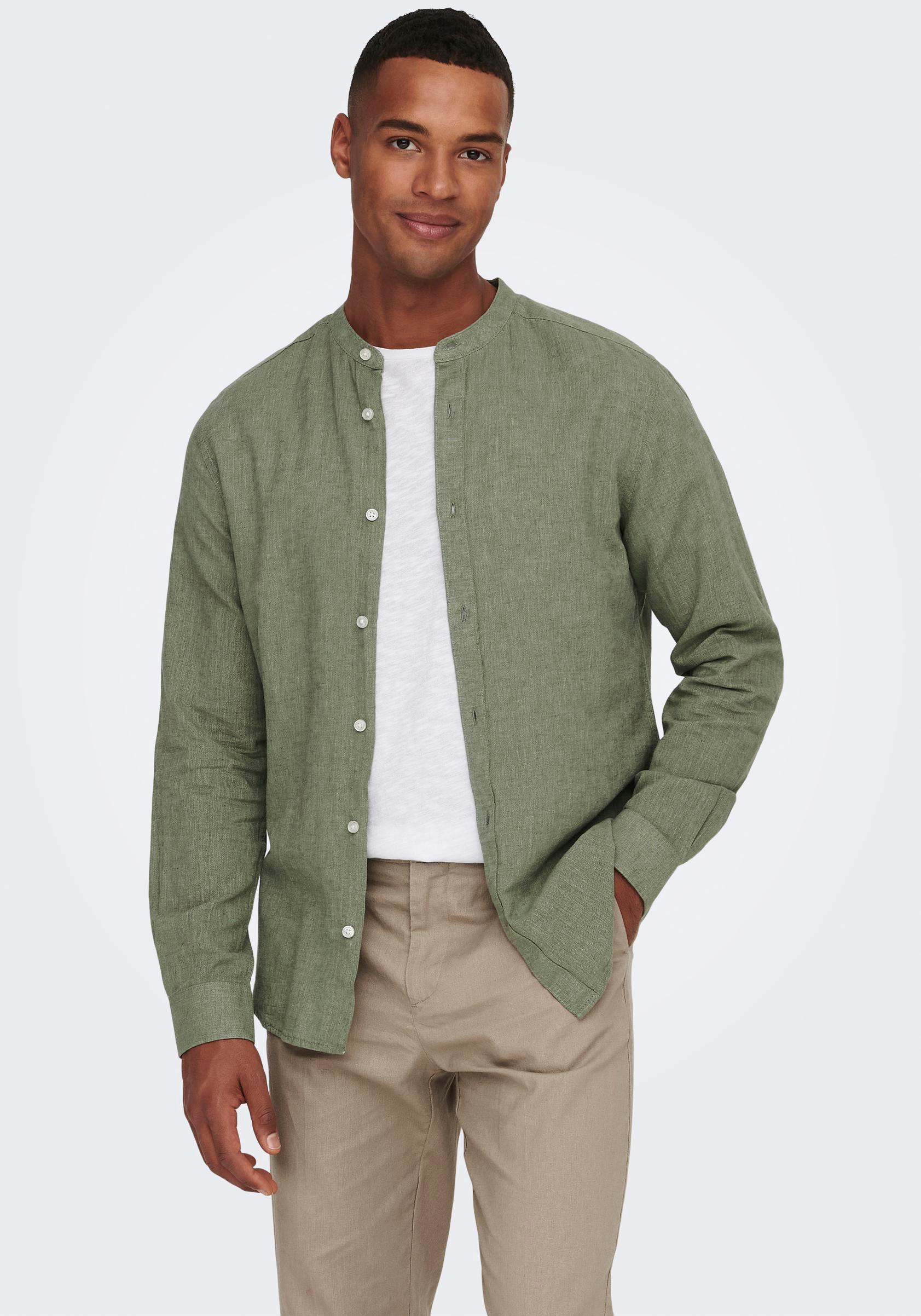Langarmhemd Only & Sons "Onscaiden Ls Solid Linen Mao Shirt Noos", Herren, Gr. Xl, N-Gr, GrüN (Swamp), Web, Obermaterial: 55% Baumwolle, 45% Leinen, Unifarben, Slim Fit, Rundhals, 2-Knopf-Manschette, Hemden