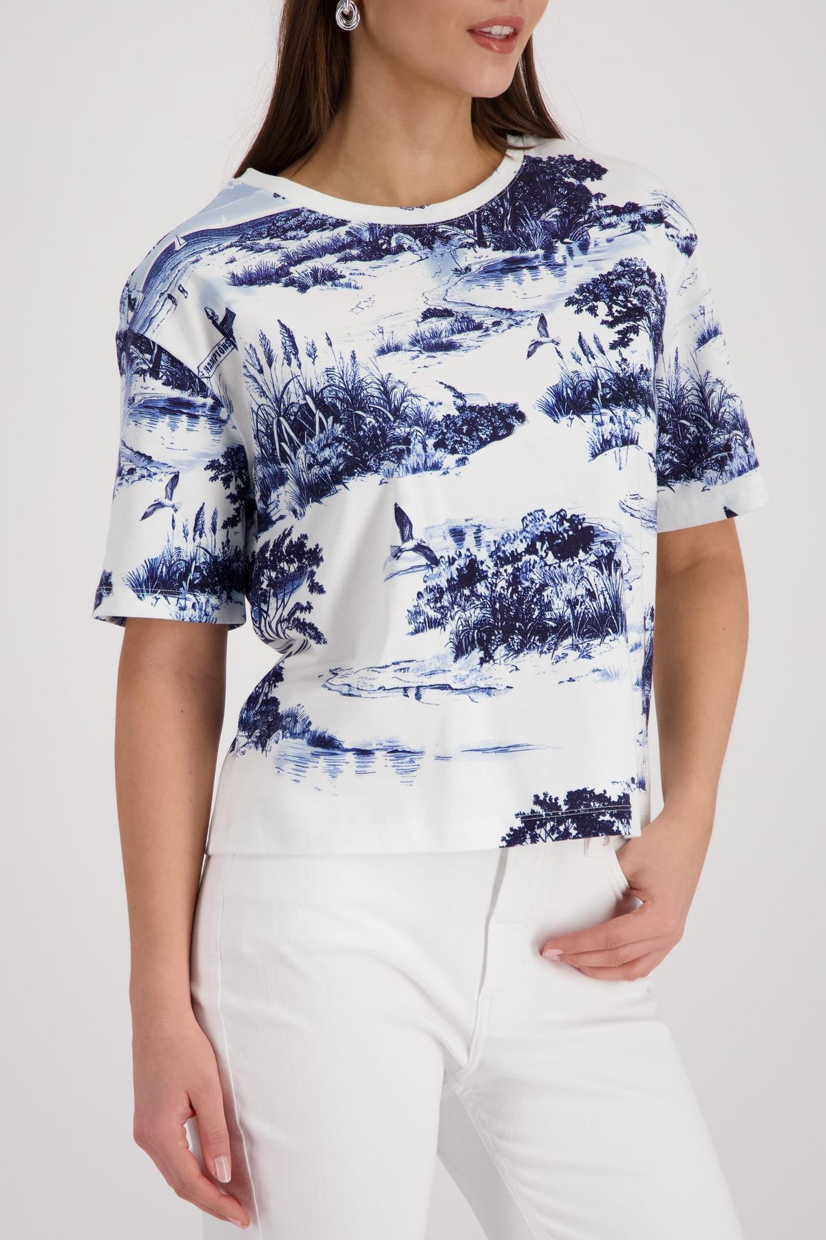T-Shirt Monari, Damen, Gr. 36, Marine Gem, Web, Obermaterial: 100% Baumwolle, Gemustert, Regular Fit Taillenbedeckt, Rundhals, Eingesetzt Gerader Abschluss, Shirts T-Shirt, Regular Fit Mit Landschaftsdruck