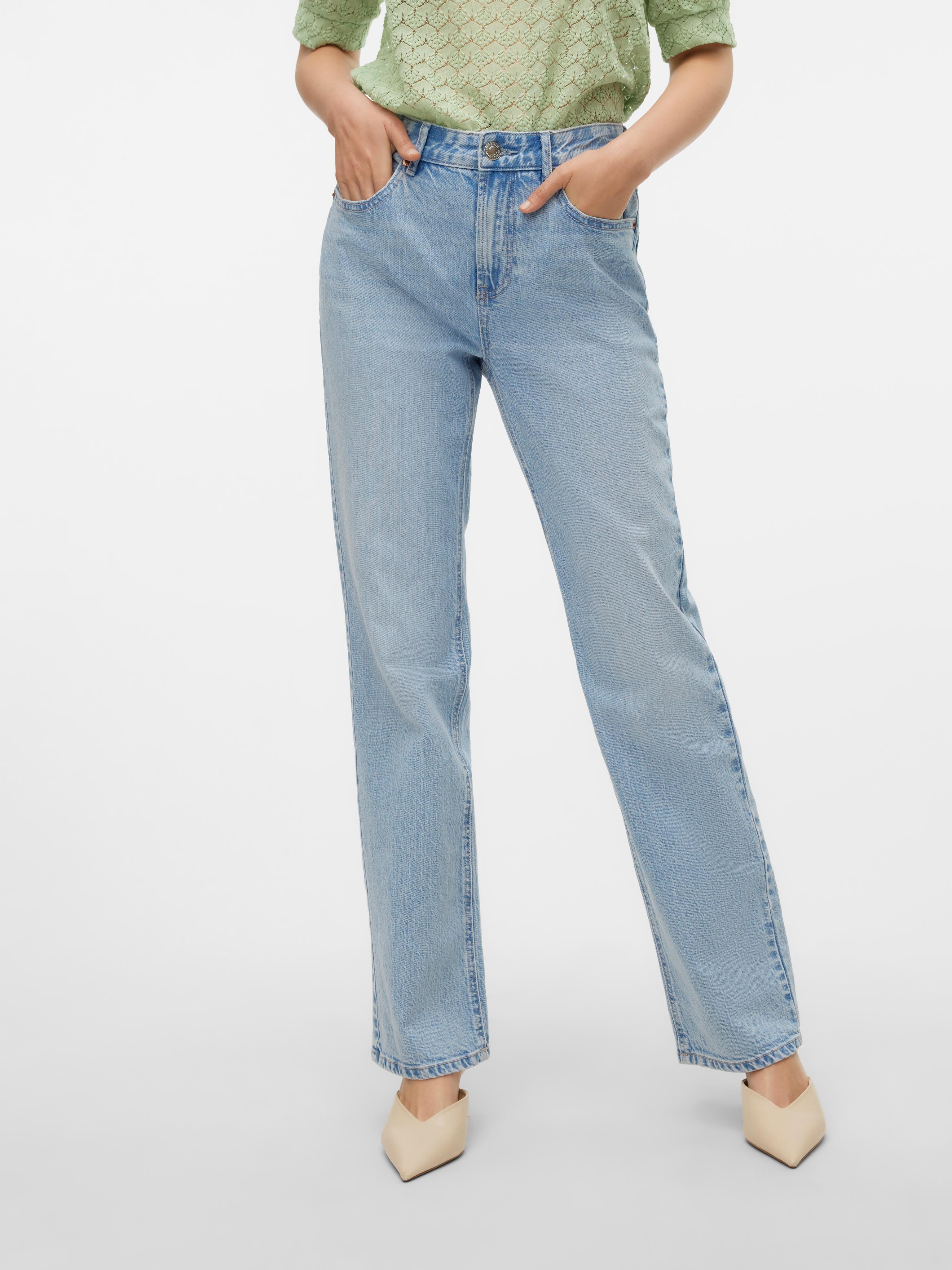 Straight-Jeans Vero Moda "Vmtessa Hr Straight Jeans LI3010 Ga Noos", Damen, Gr. 28, LäNge 32, Blau (Light Blau Denim), Denim/Jeans, Obermaterial: 99% Baumwolle, 1% Elasthan, Unifarben, Oversize Knielang, Jeans Straight-Jeans