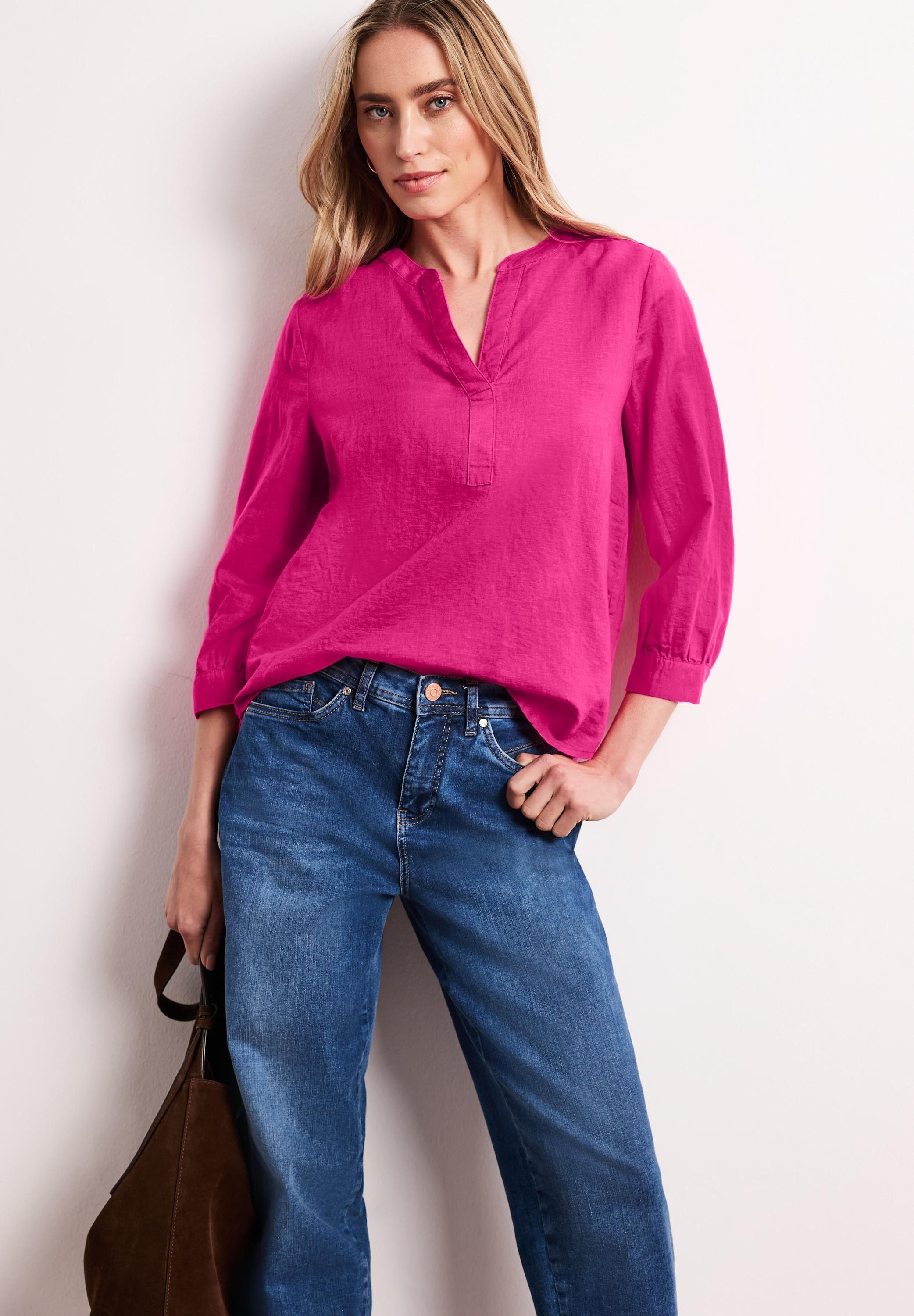 Langarmbluse Street One, Damen, Gr. 36, Pink (Magenta Dream), Web, 60% Leinen, 40% Baumwolle, Unifarben, Normal Normal, Rundhals, BüNdchen, Blusen, Mit Leinenanteil