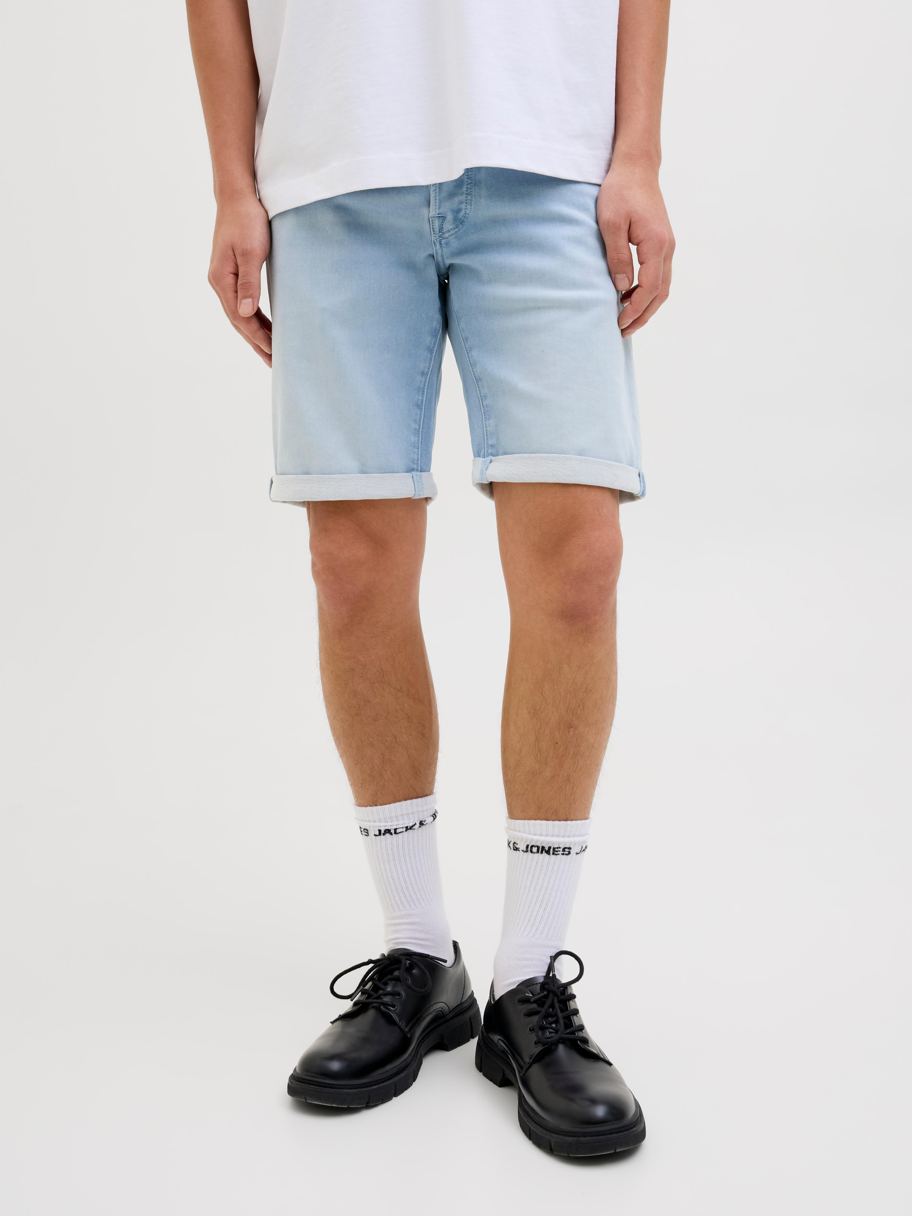 Shorts Jack & Jones "Jjirick Jjicon I.K. Shorts GE 118 Sn", Herren, Gr. L, N-Gr, Blau (Blau Denim), Web, Obermaterial: 48% Baumwolle, 26% Viskose, 25% Polyester, 1% Elasthan, Unifarben, Regular Fit Kniefrei, Hosen Shorts, Im Five-Pocket Style