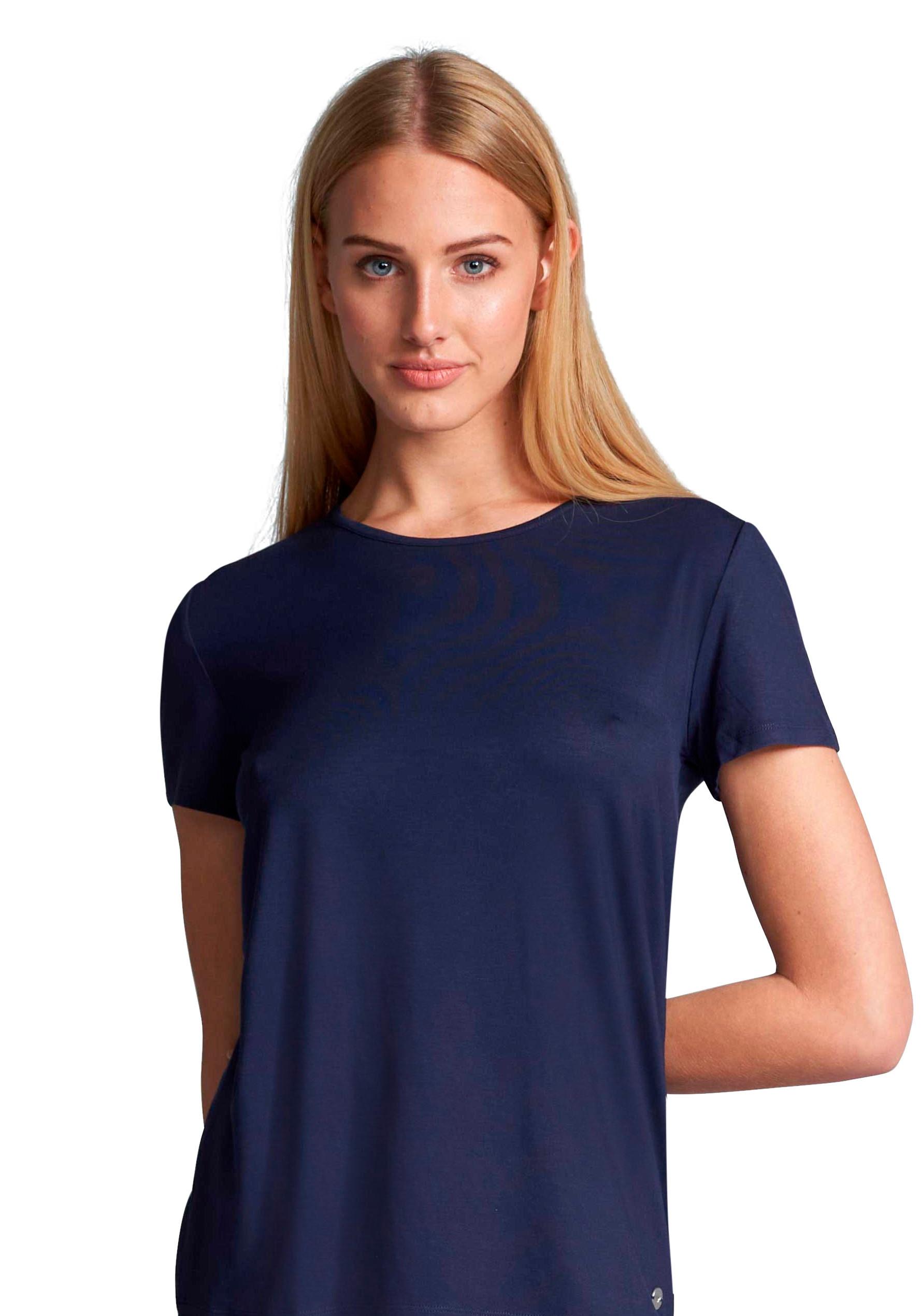 T-Shirt Tom Tailor "Florence", Damen, Gr. 40L, Blau (Blau, Dunkel, Uni), Single Jersey, Obermaterial: 95% Viskose, 5% Elasthan, Unifarben, Bequem HüFtbedeckend, Rundhals, Shirts T-Shirt, Locker, Basic, Kurzarm, Elastisch, Bequem, Weich, Viskosemix