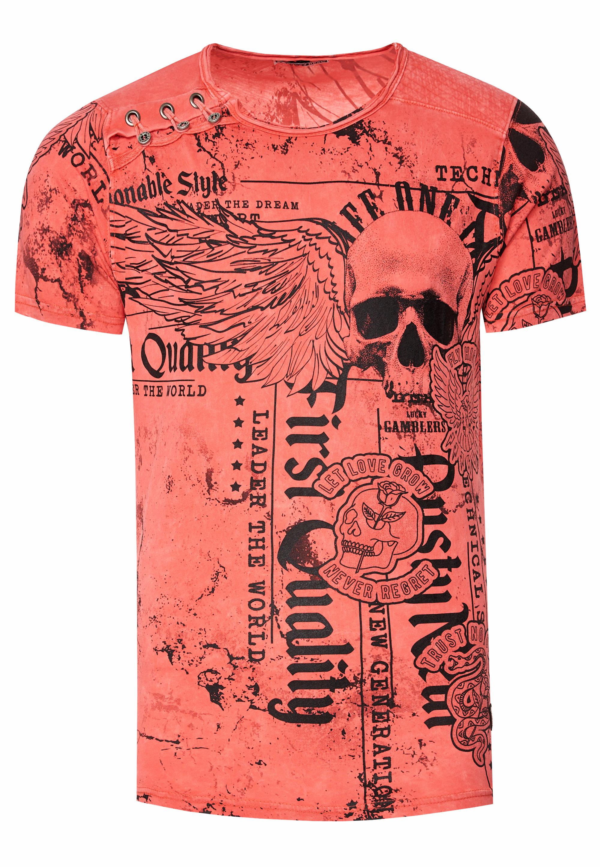 Verwaschenes T-Shirt Mit "Flying-Skull" Print