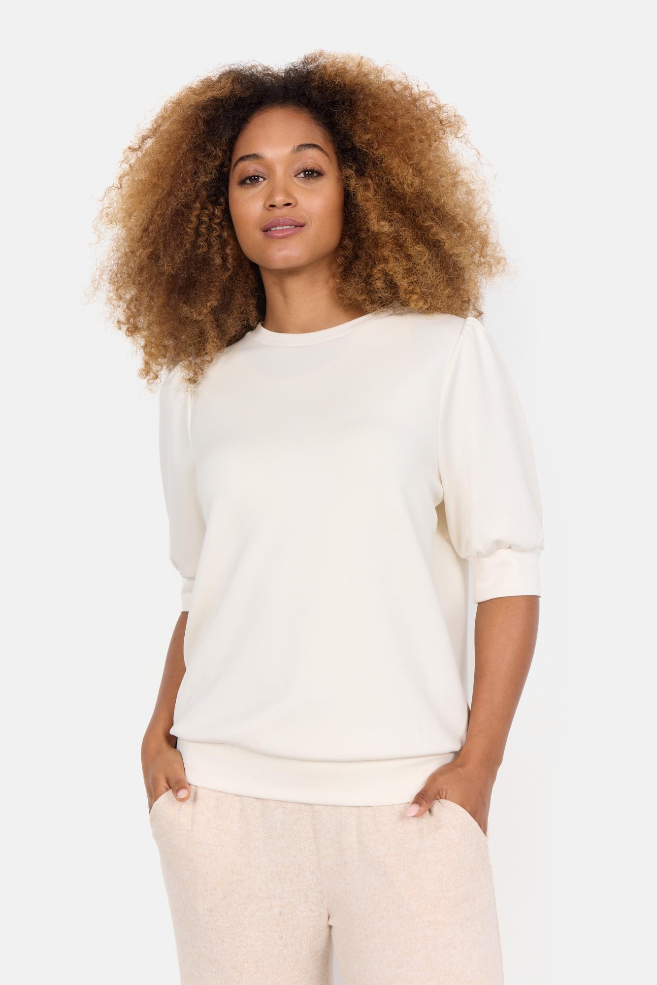 Kurzarmbluse soyaconcept "SC-BANU 83", Damen, Gr. S, Beige (Cream), Sweatware, Obermaterial: 48% Modal, 48% Polyester, 4% Elasthan, Unifarben, Regular Fit Normal, Rundhals, RippbüNdchen, Blusen, Aus Viskosemischung, Regular Fit