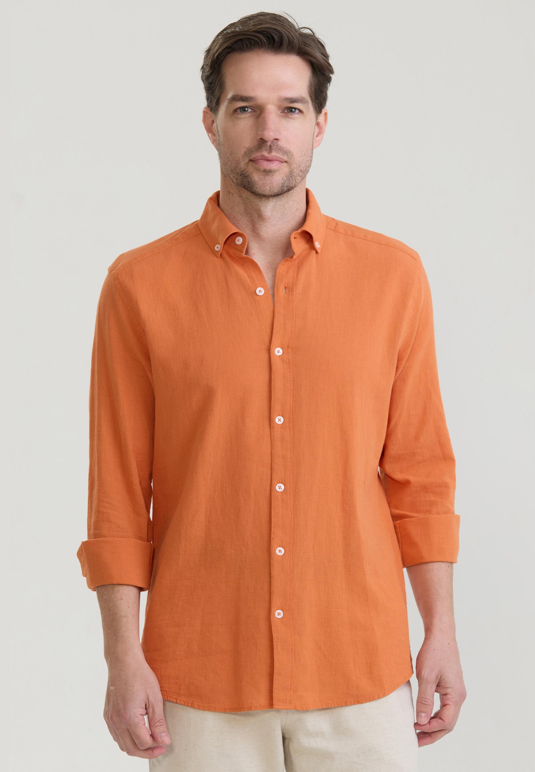 Langarmhemd Felix Hardy "Basic Hemd", Herren, Gr. M, NormalgrößEn, Orange, 65% Baumwolle, 35% Leinen, Hemden