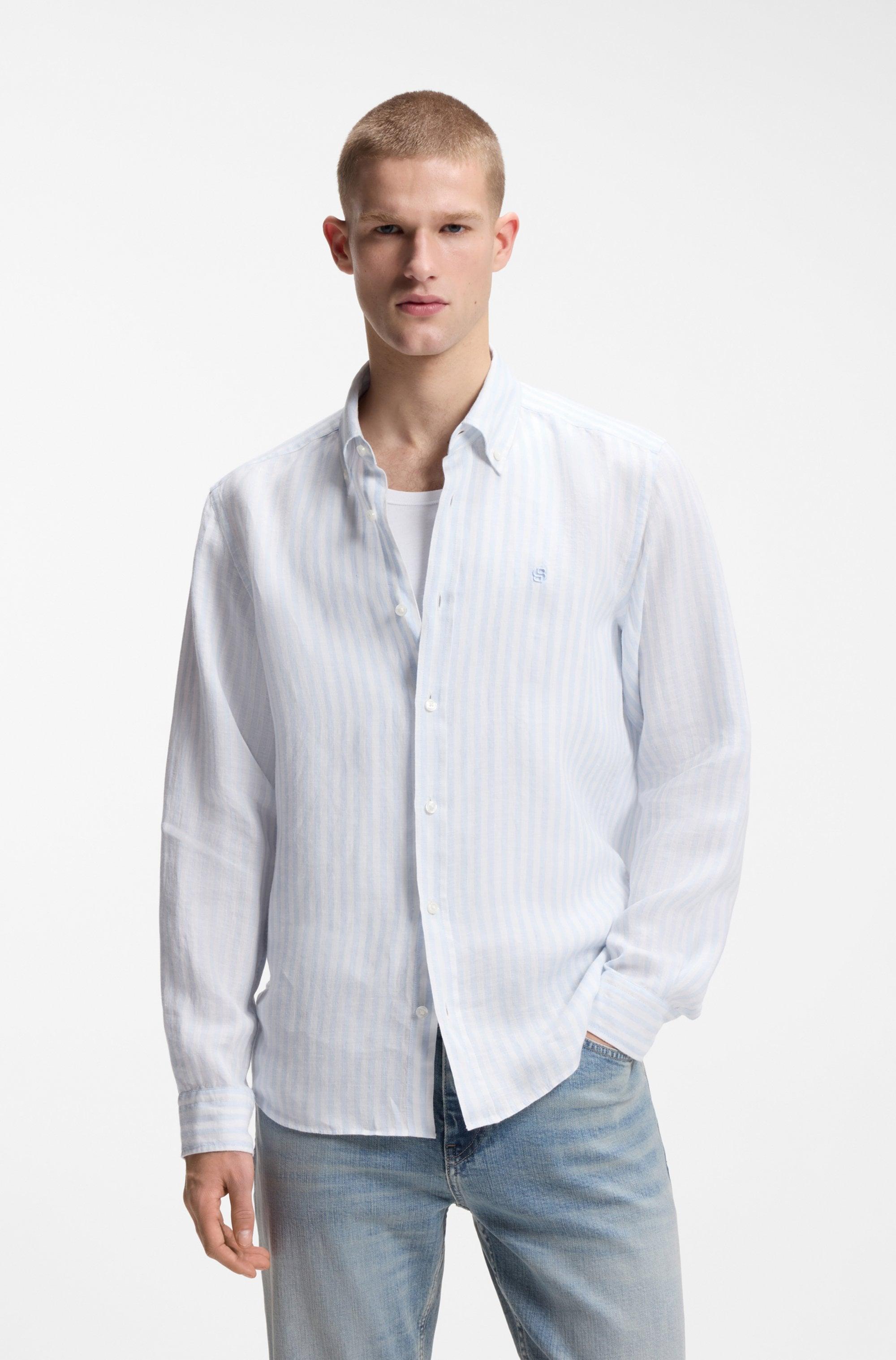 Leinenhemd Boss "Liam", Herren, Gr. Xl, N-Gr, Light, Pastel Blau450, Web, Obermaterial: 100% Leinen, Gestreift, Regular Fit HüFtbedeckend, 1-Knopf-Manschette Mit Schlitz, Hemden, 100% Leinen Premium Sommerhemd, Button-Down-Kragen, Regular Fit