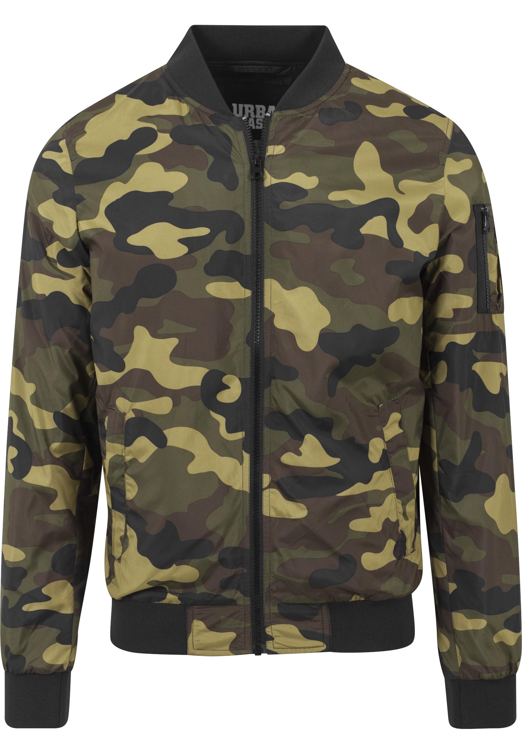 Allwetterjacke Urban Classics "Urban Classics Herren Light Camo Bomber Jacket", Herren, Gr. S, Woodcamo, 100% Polyester, Mehrfarbig, Normal, Rundhals, Jacken