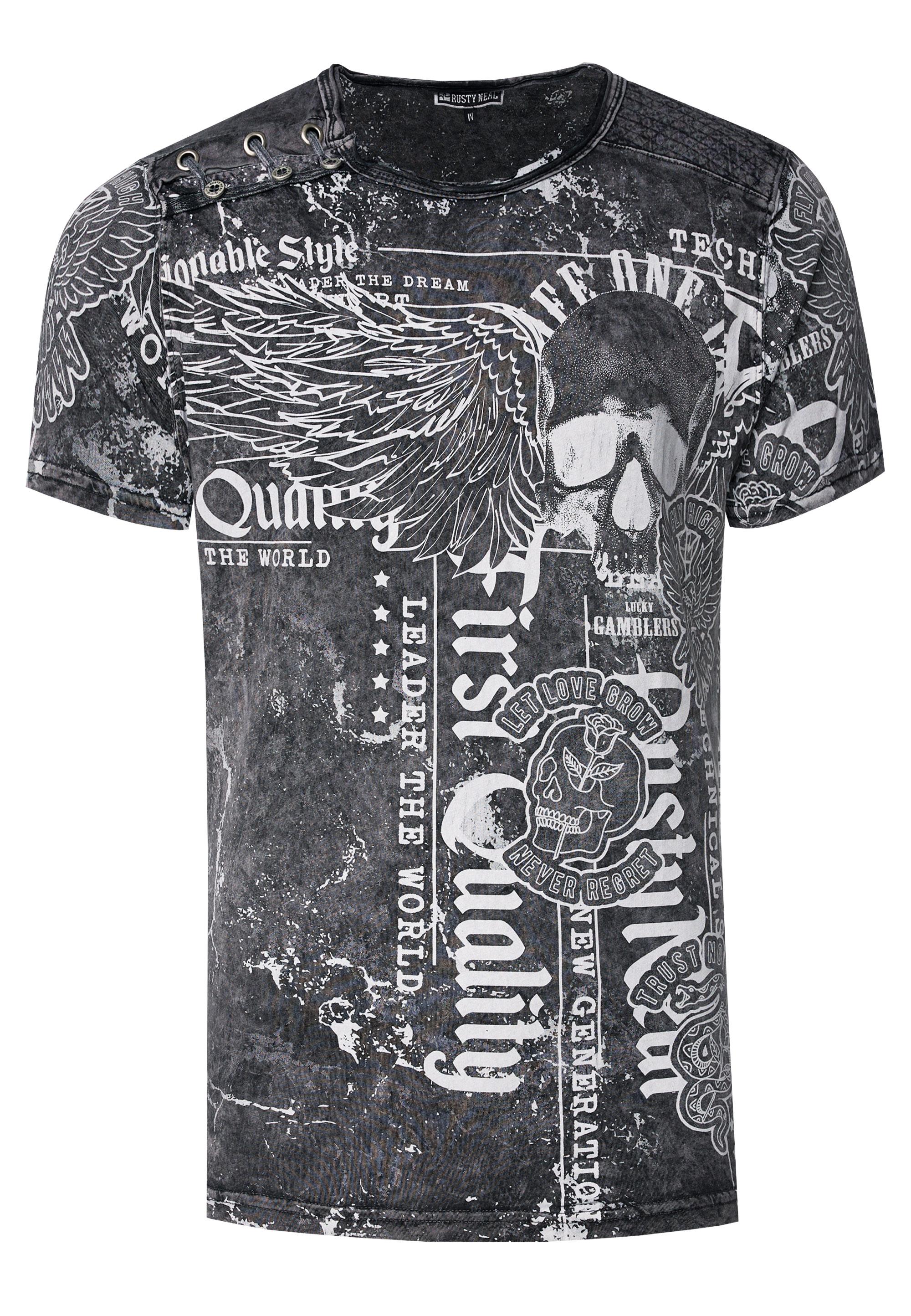 Verwaschenes T-Shirt Mit "Flying-Skull" Print