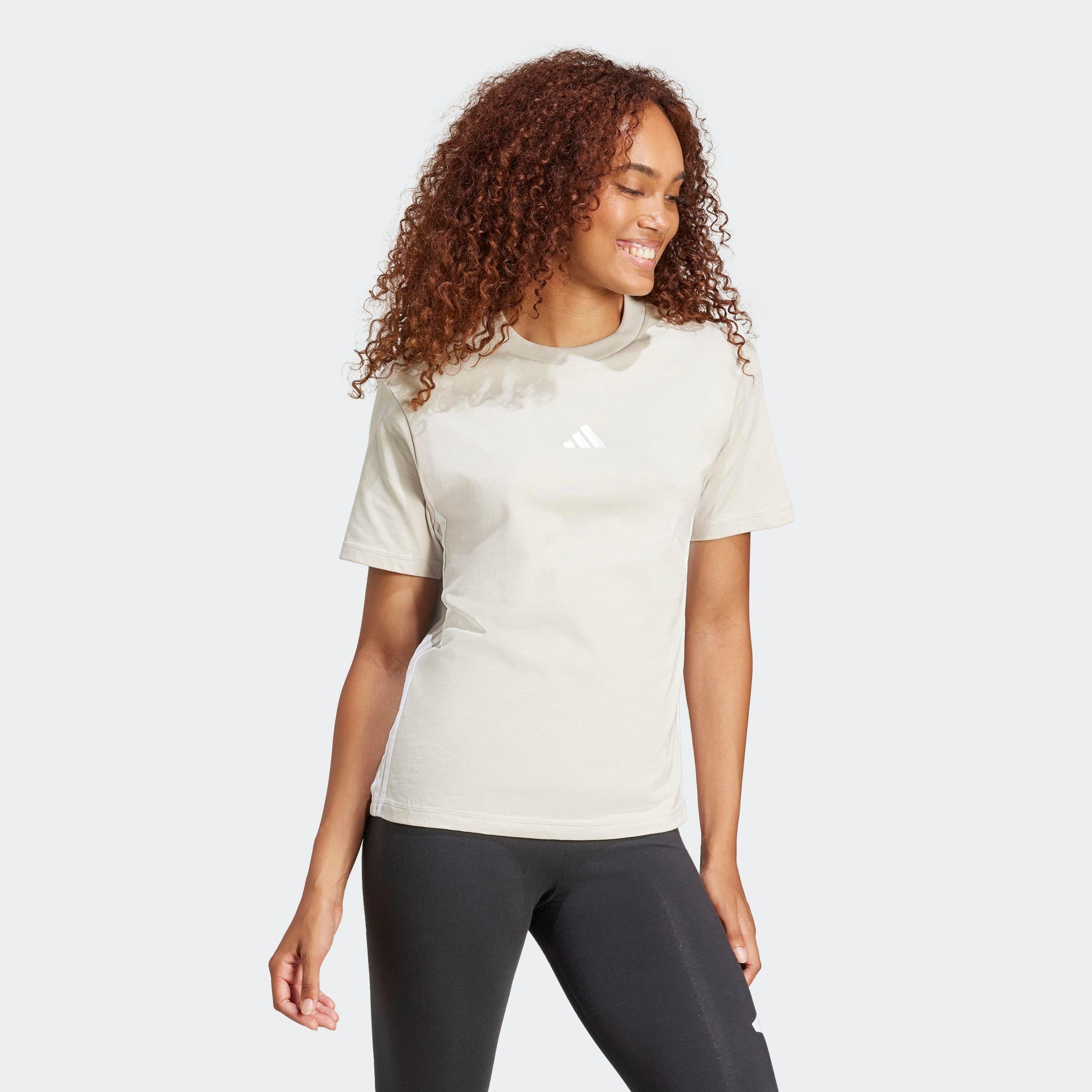 T-Shirt adidas Sportswear "Essentials 3-STREIFEN Cotton", Damen, Gr. Xxl, Grau (Wonder Alumina, Weiß), Obermaterial: 100% Baumwolle, Normal, Rundhals, Shirts T-Shirt