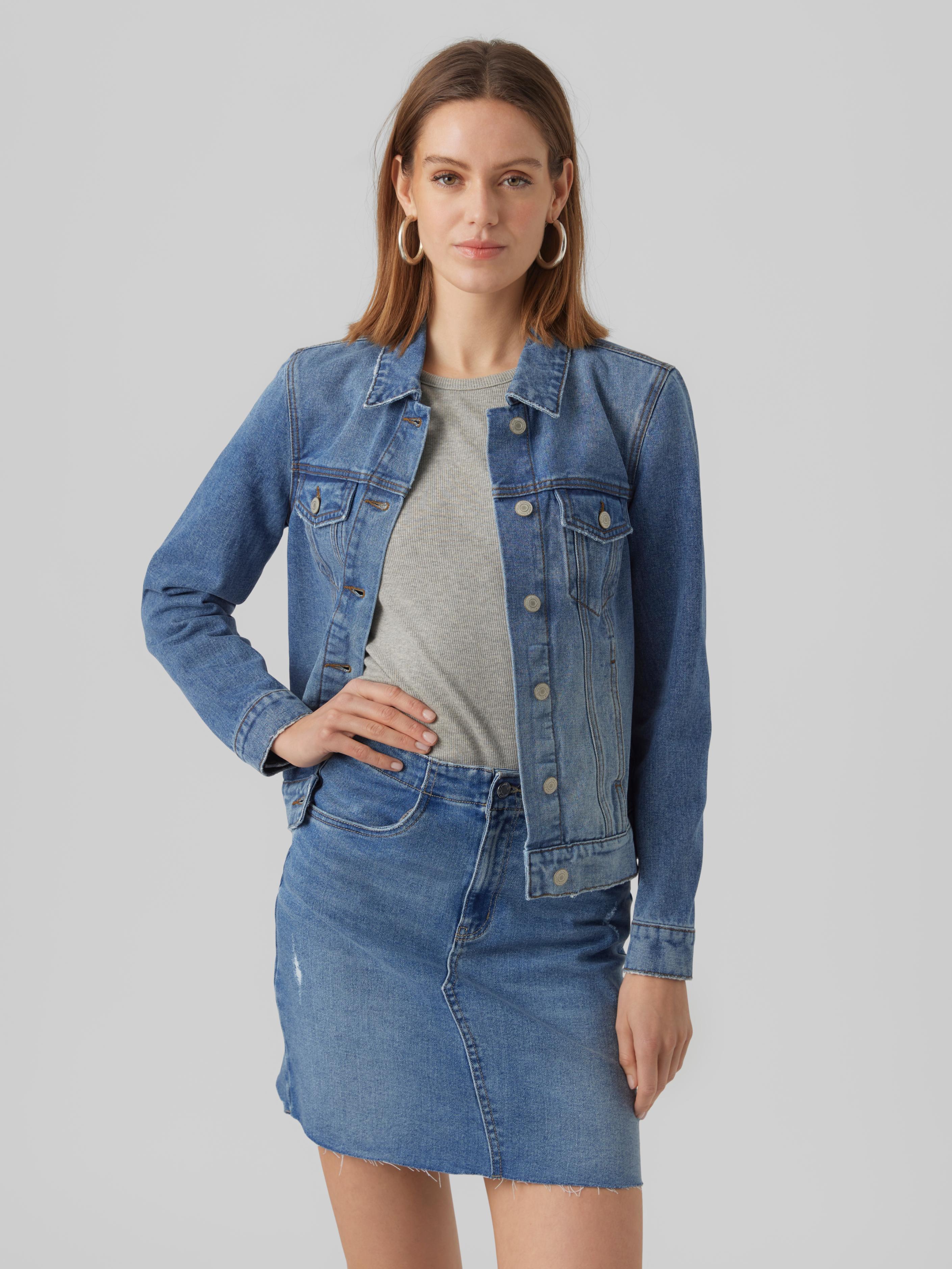 Jeansjacke Vero Moda "Vmzorica Ls Denim Jacket Mix Noos", Damen, Gr. M, Blau (Medium Blau Denim), Denim/Jeans, Obermaterial: 80% Baumwolle, 20% Polyester, Unifarben, Jacken Jeansjacke, Mit Leichten Destroyed Effekten