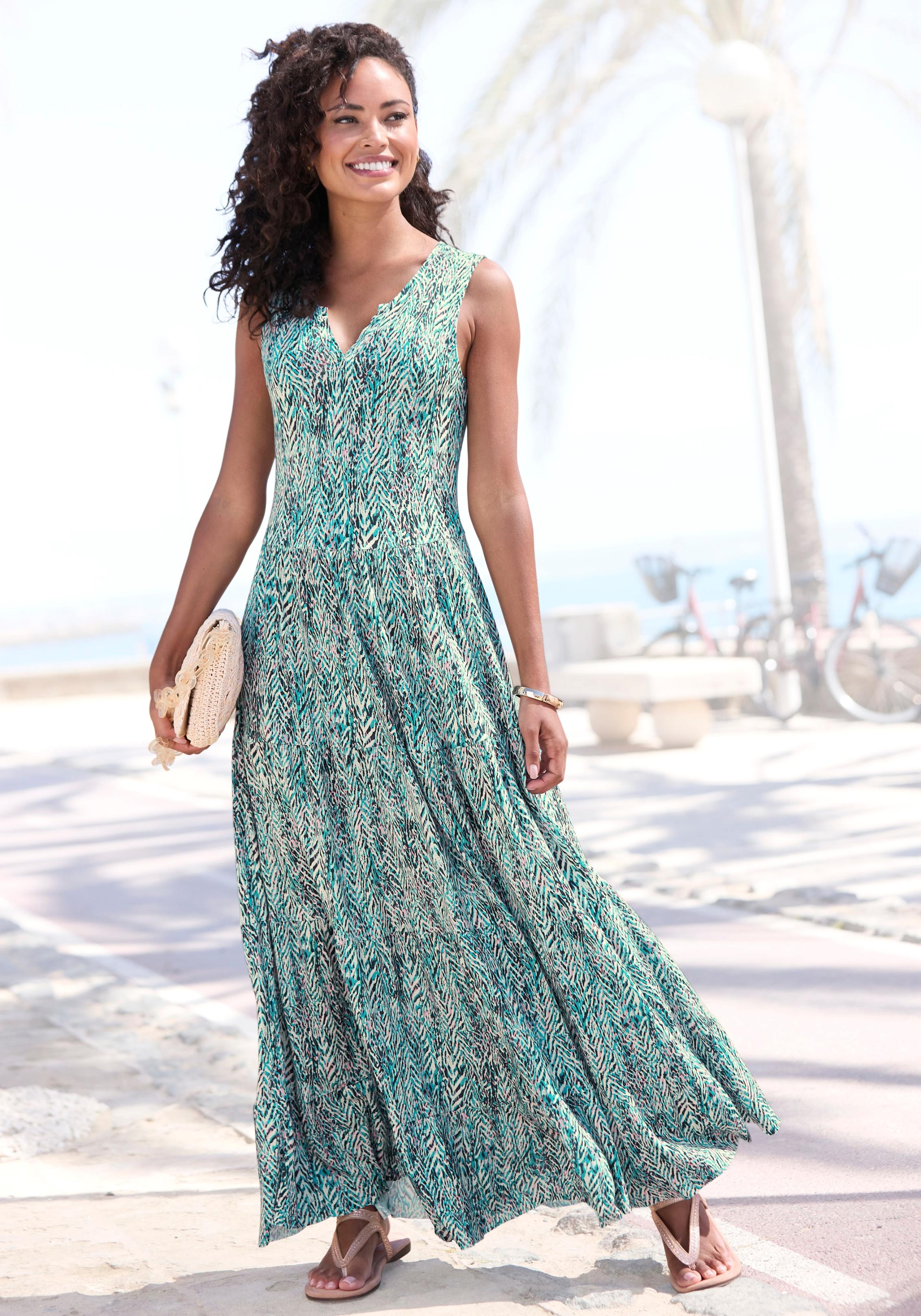 Maxikleid Vivance, Damen, Gr. 36, N-Gr, Bunt (TüRkis, Rosé, Creme Bedruckt), Jersey, Obermaterial: 100% Viskose, Bedruckt, Figurumspielend KnöChellang, V-Ausschnitt, Kleider Maxikleid, Mit Alloverdruck, Langes Sommerkleid Aus Jersey, Casual, Topseller