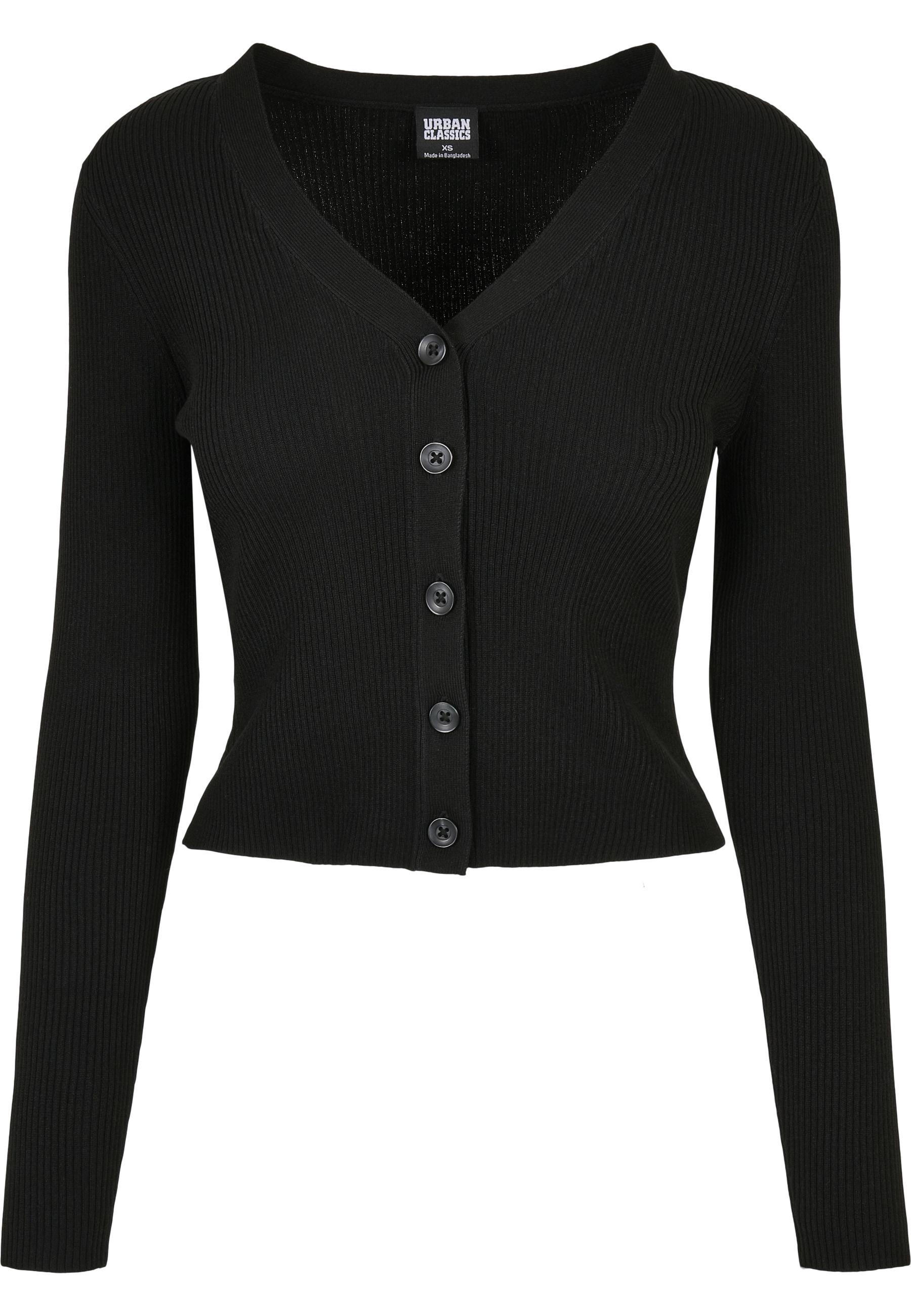 Cardigan Urban Classics "Urban Classics Damen Ladies Short Rib Knit Cardigan", Damen, Gr. Xs, Schwarz, 35% Polyacryl, 35% Viskose, 30% Polyamid, Unifarben, V-Ausschnitt, Strickjacken