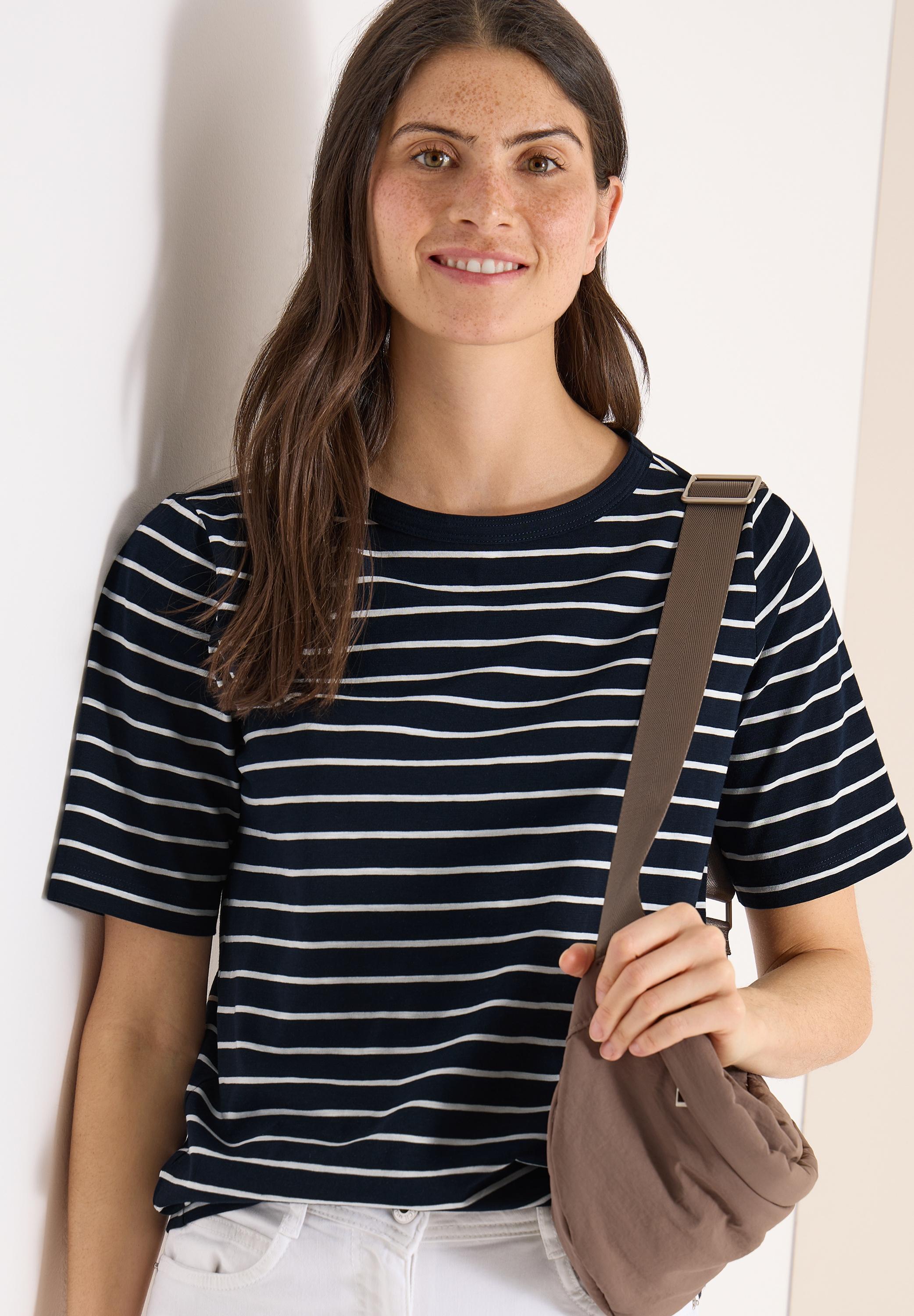 Rundhalsshirt Cecil, Damen, Gr. M (40), Universal Blau, Jersey, Obermaterial: 100% Baumwolle, Gestreift, Normal HüFtbedeckend, Rundhals, Shirts Rundhalsshirt, Sommershirt Im Streifen-Look