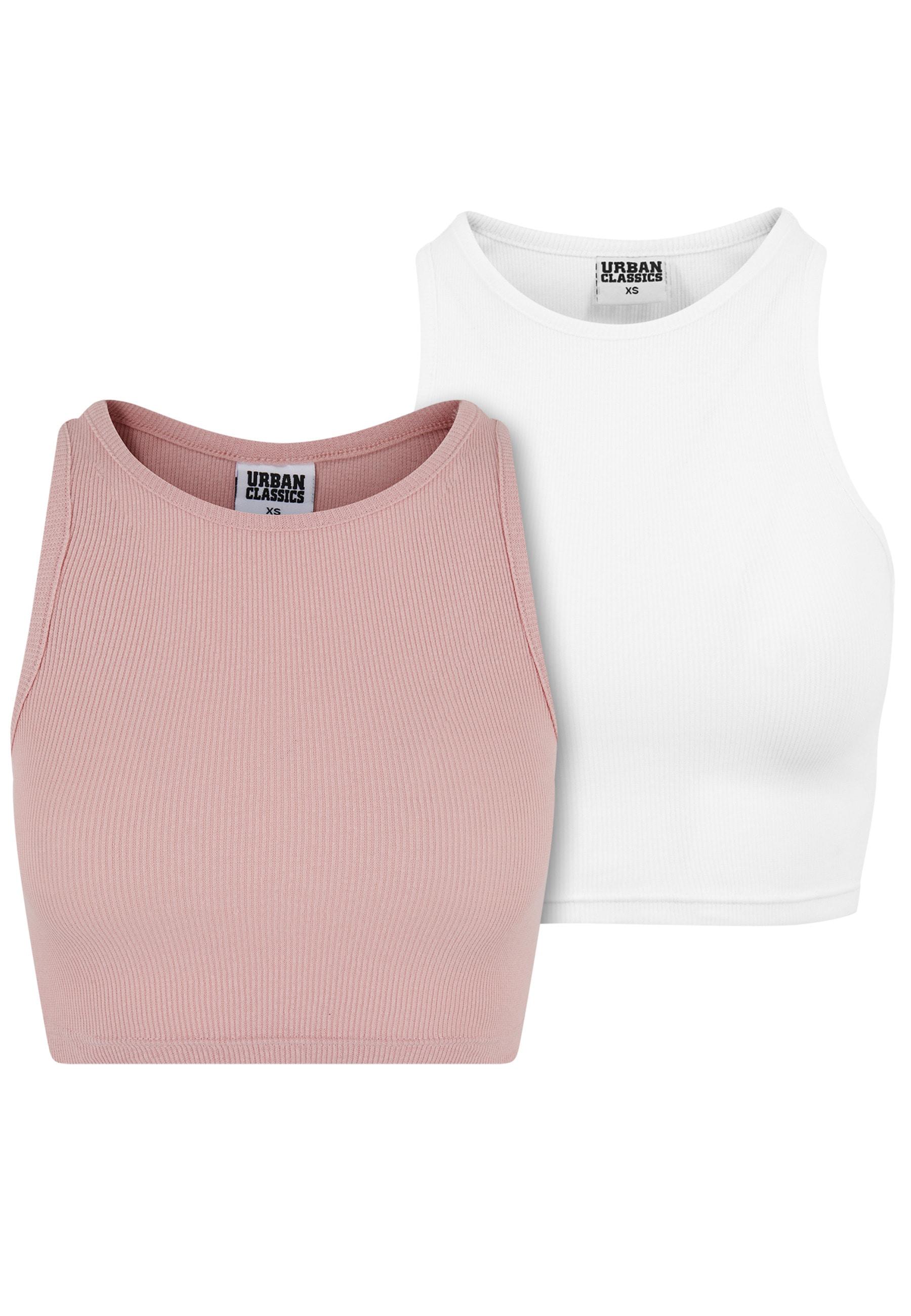 Muskelshirt Urban Classics "Urban Classics Damen Ladies Cropped Rib Top 2-Pack", Damen, Gr. Xl, Rosa (Lemonadepink, Weiß), 97% Baumwolle, 3% Elasthan, Unifarben, Slim Fit, Rundhals, Shirts