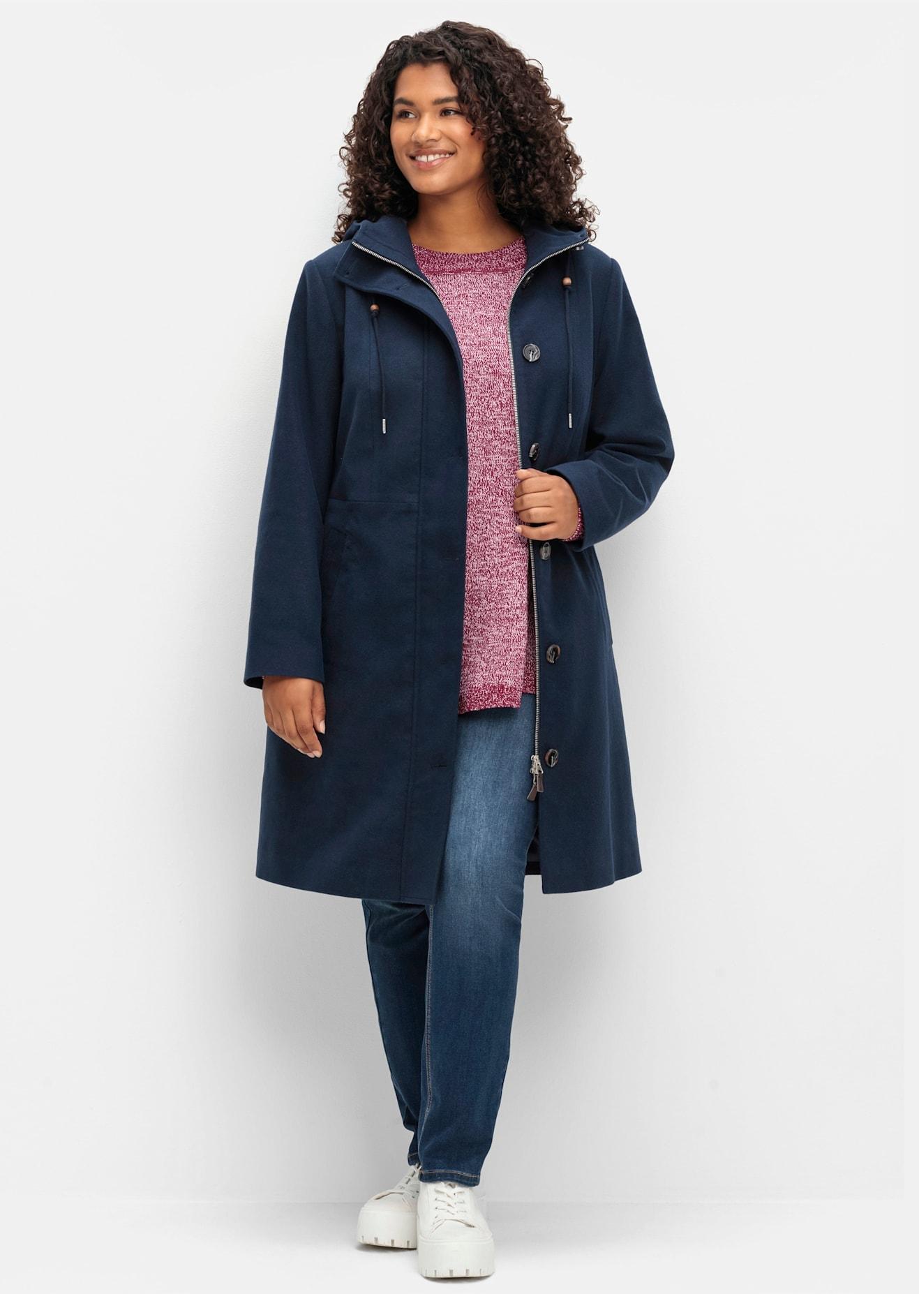Kurzmantel Sheego, Damen, Gr. 42, Blau (Nachtblau), 70% Polyester, 27% Viskose, 3% Elasthan, Unifarben, Unifarben Mit Farbeinsatz, Unifarben Mit FarbeinsäTzen, MäNtel Kurzmantel