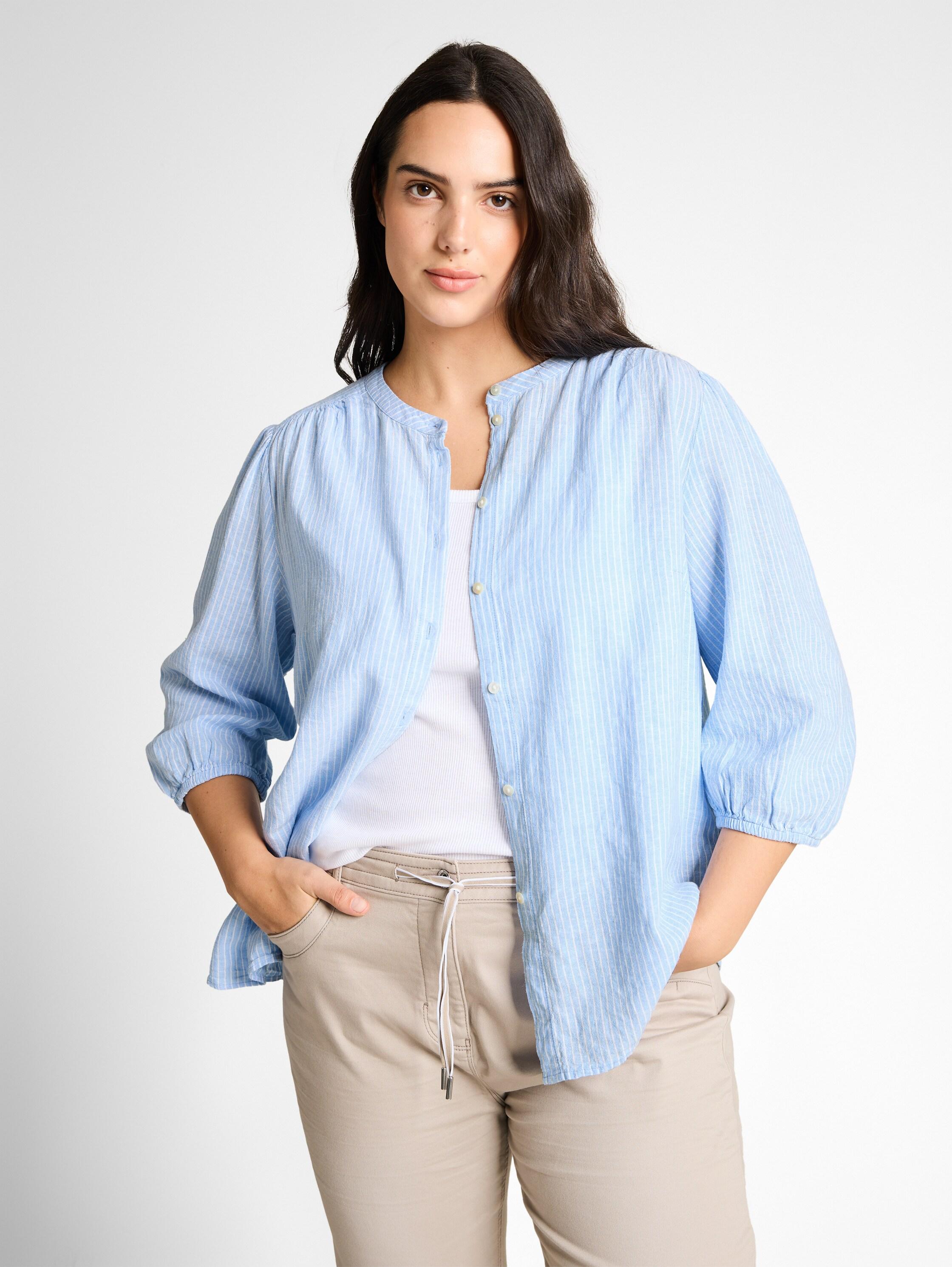 Schluppenbluse Tom Tailor Plus, Damen, Gr. 50, Blau (Fjord Blau Irregular Stripe), Web, Obermaterial: 55% Lyocell, 45% Viskose, Gestreift, HüFtbedeckend, Rundhals, Elastischer Bund, Blusen Schluppenbluse, Mit Streifen-Design
