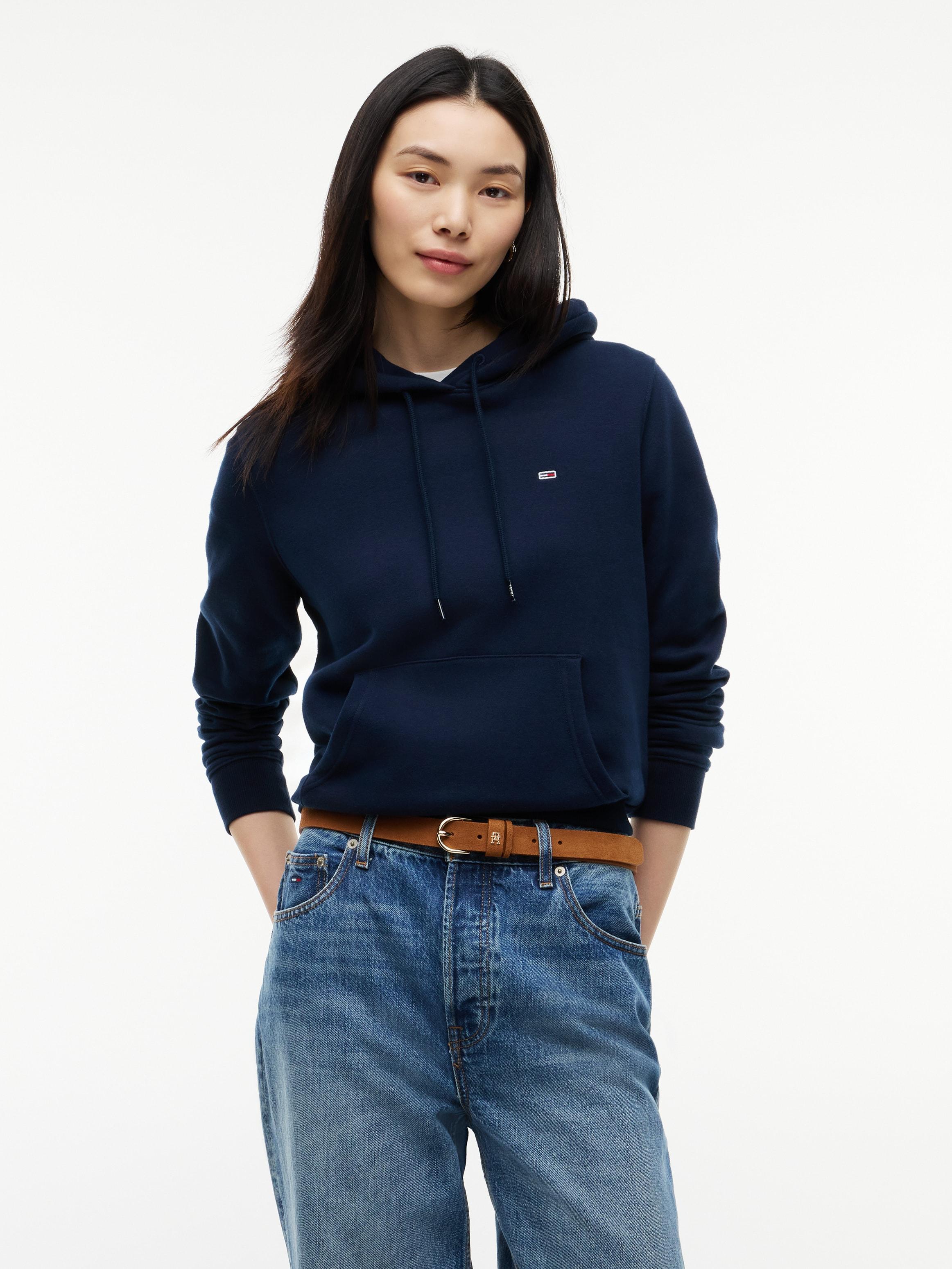 Kapuzensweatshirt Tommy Jeans "Tjw Reg S Flag Hoodie", Damen, Gr. L (40), Blau (Schwarz Night Navy), Sweatware, Obermaterial: 80% Baumwolle, 20% Polyester, Unifarben, Regular Fit Normal, Rundhals, RippbüNdchen, Sweatshirts, Mit Logo-Flag, Regular Fit