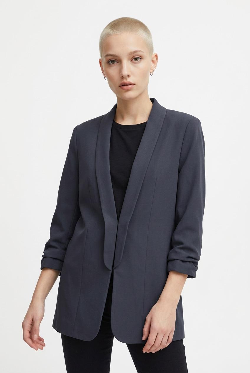 Blusenblazer Pieces "Pcbosella 3/4 Blazer Noos", Damen, Gr. S, Blau (Night Sky), Web, Obermaterial: 79% Polyester, 16% Viskose, 5% Elasthan, Unifarben, Slim Fit HüFtbedeckend, Blazer Blusenblazer, Materialmix, Regular Fit