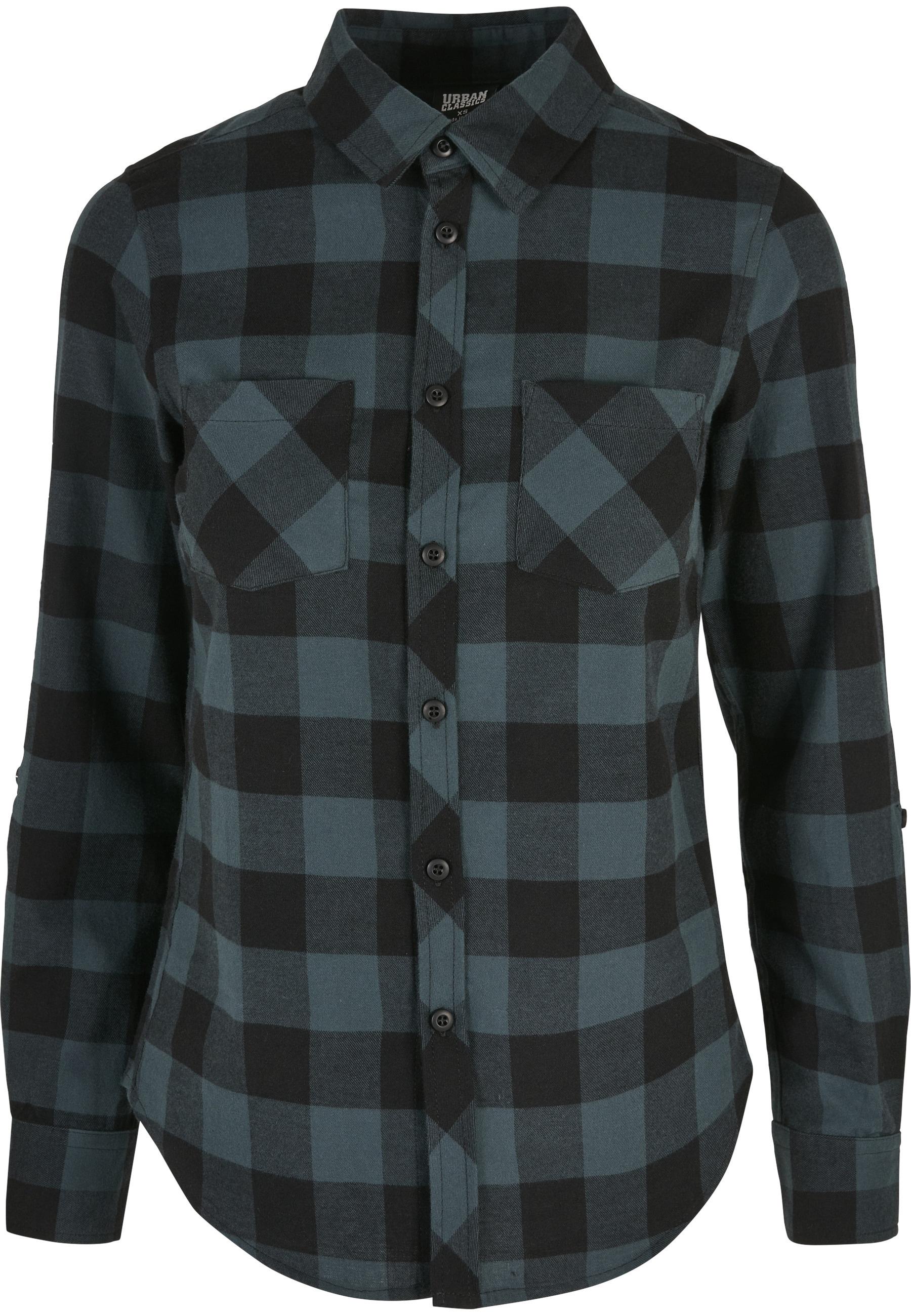 Kurzarmshirt Urban Classics "Urban Classics Damen Ladies Turnup Checked Flanell Shirt", Damen, Gr. M, Jasper, Schwarz, 100% Baumwolle, Kariert, Normal, Amerikanischer Ausschnitt, Shirts