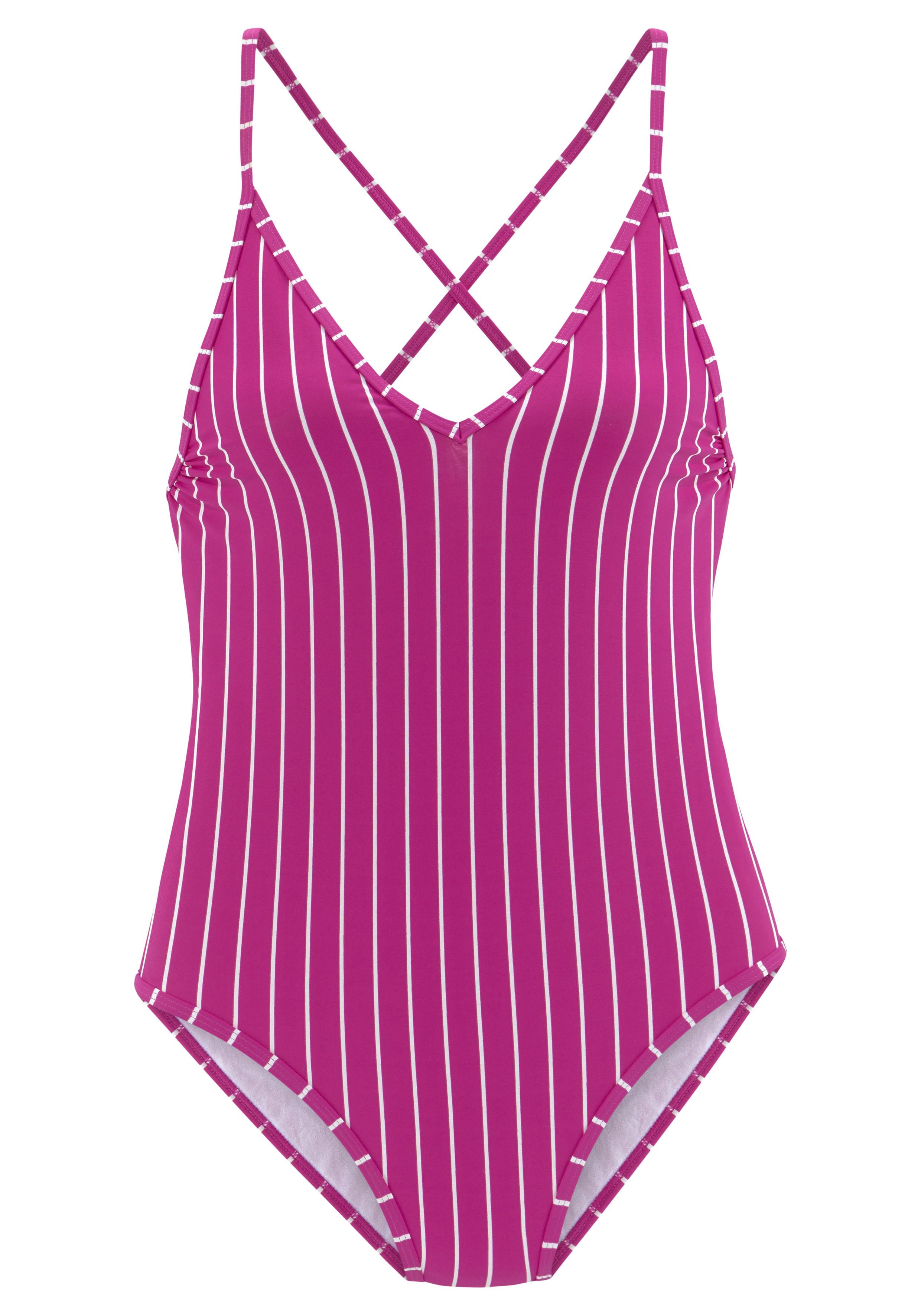 Badeanzug Vivance, Damen, Gr. 36, Cup C/D, Lila (Beere, Creme), Recycling-Polyamid, BadeanzüGe Badeanzug, Mit Nadelstreifen