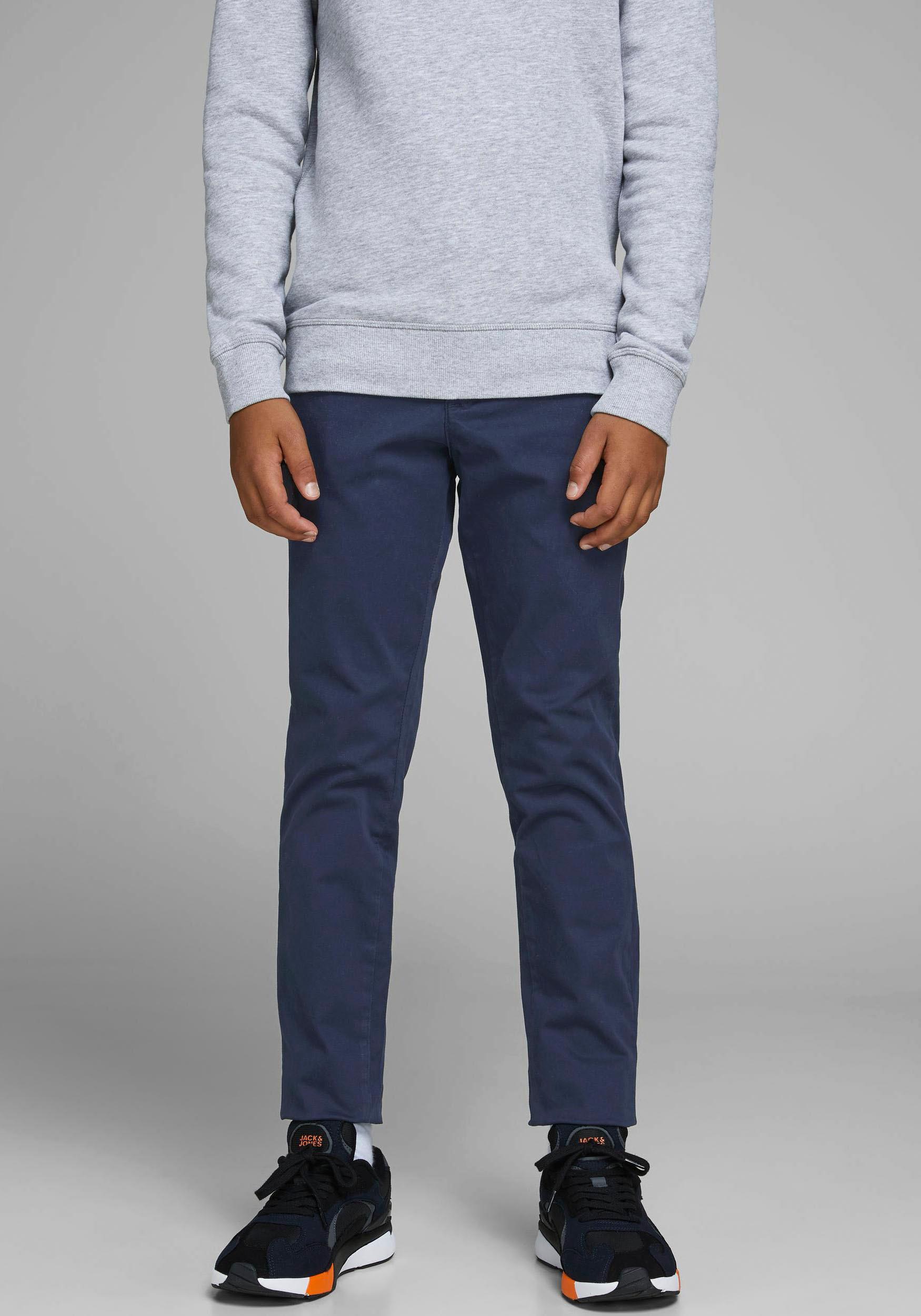 Chinos Jack & Jones Junior "Jpstmarco Bequem, Elastisch, Pflegeleicht", Jungen, Gr. 170, N-Gr, Blau (Navy Blazer), Web, Obermaterial: 98% Baumwolle, 2% Elasthan, Unifarben, Slim Fit Normal, Hosen Anzughose, Unifarben, Casual, Slim Fit, Web