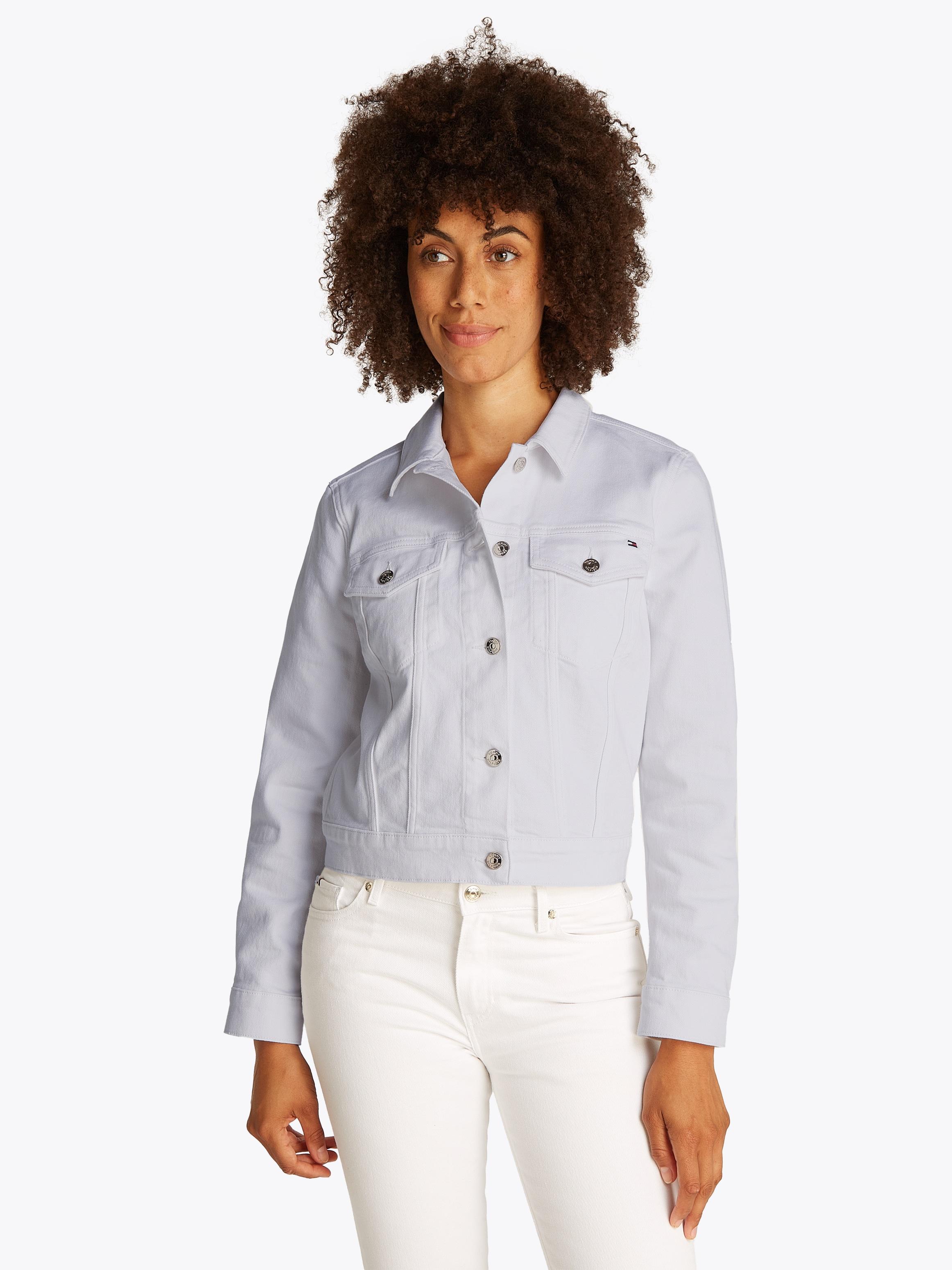 Jeansjacke Tommy Hilfiger "Dnm Slim Jacket White", Damen, Gr. 38, Weiß (Optic Weiß), Denim/Jeans, Obermaterial: 99% Baumwolle, 1% Elasthan, Unifarben, Slim Fit Kurz, 1-Knopf-Manschette, Jacken Jeansjacke, Mit Vielseitigem Design