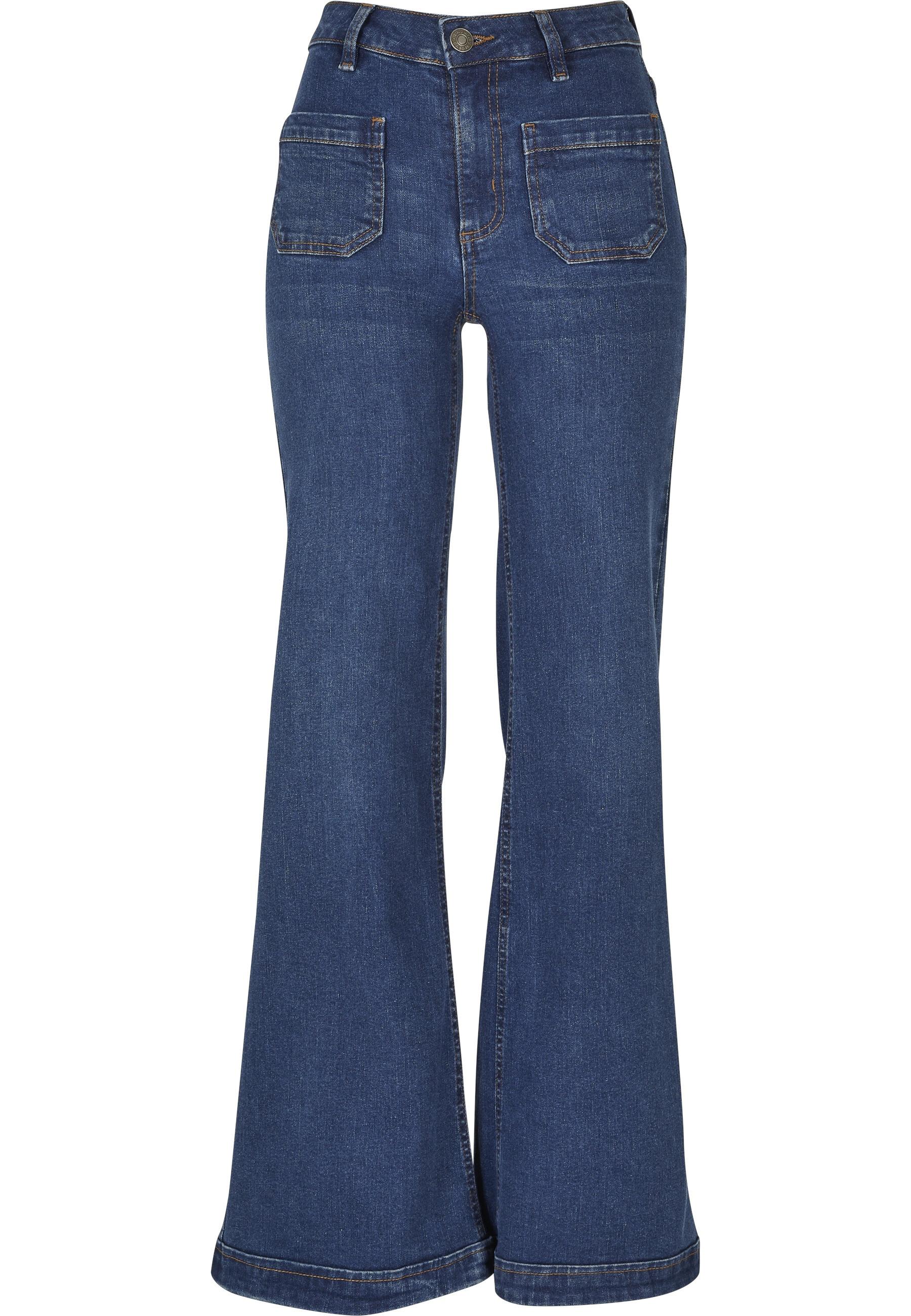 Bequeme Jeans Urban Classics "Urban Classics Damen Ladies Vintage Flared Denim Pants", Damen, Gr. 27, NormalgrößEn, Tiefblau Washed, 98% Baumwolle, 2% Elasthan, Unifarben, Jeans