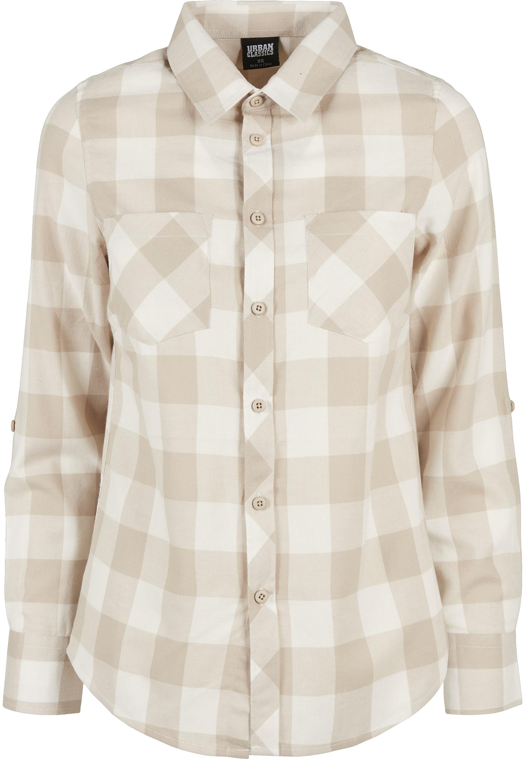 Kurzarmshirt Urban Classics "Urban Classics Damen Ladies Turnup Checked Flanell Shirt", Damen, Gr. M, Sandweiß, Lighttaupe, 100% Baumwolle, Kariert, Normal, Amerikanischer Ausschnitt, Shirts