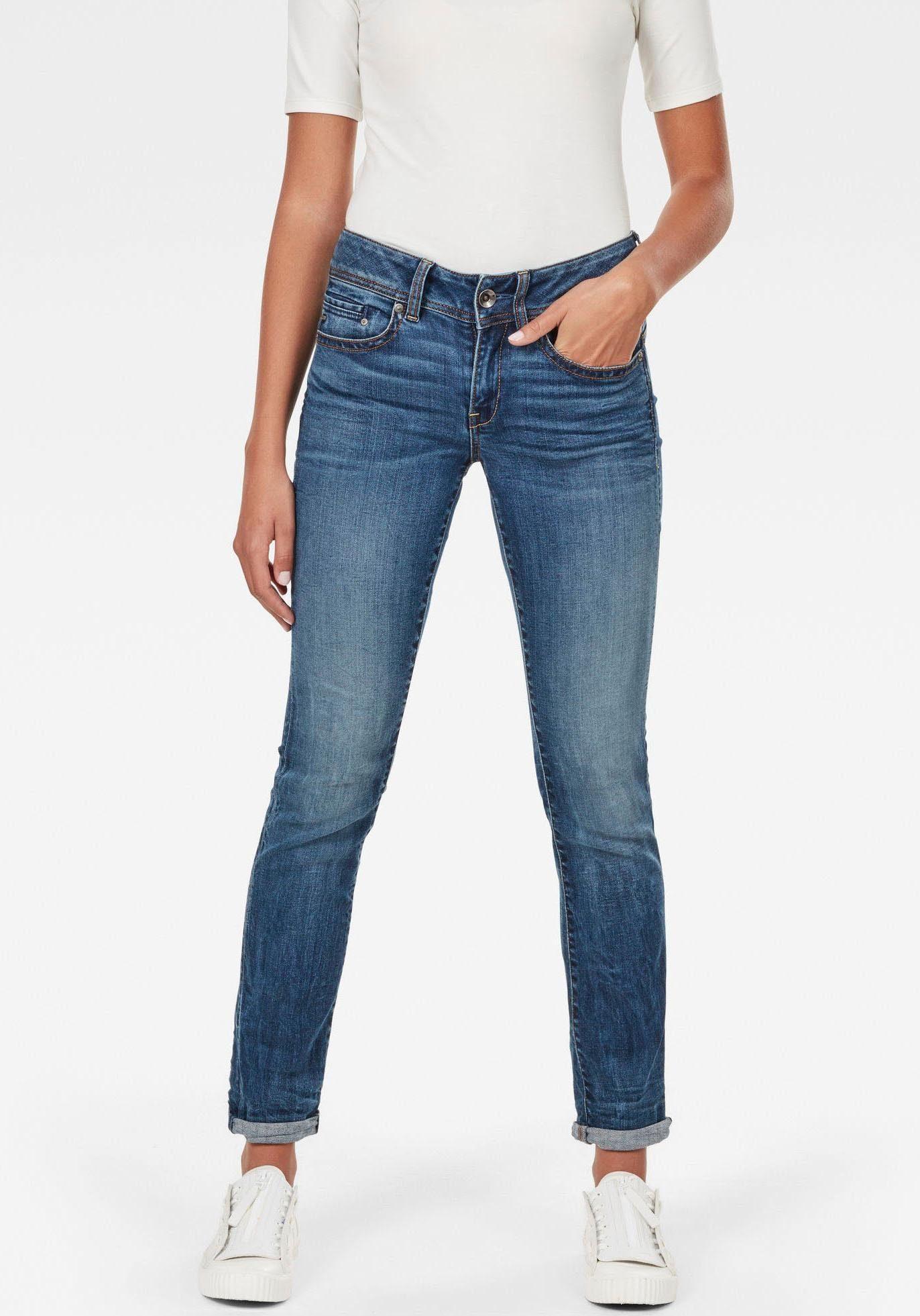 Straight-Jeans G-STAR "Midge Straight Women", Damen, Gr. 34, LäNge 32, Blau (Medium Indigo Aged, Elto Superstretch), Denim/Jeans, Obermaterial: 91% Baumwolle, 7% Elastomultiester, 2% Elasthan, Gerade Lang, Jeans Straight-Jeans, Mit Used-Effekten
