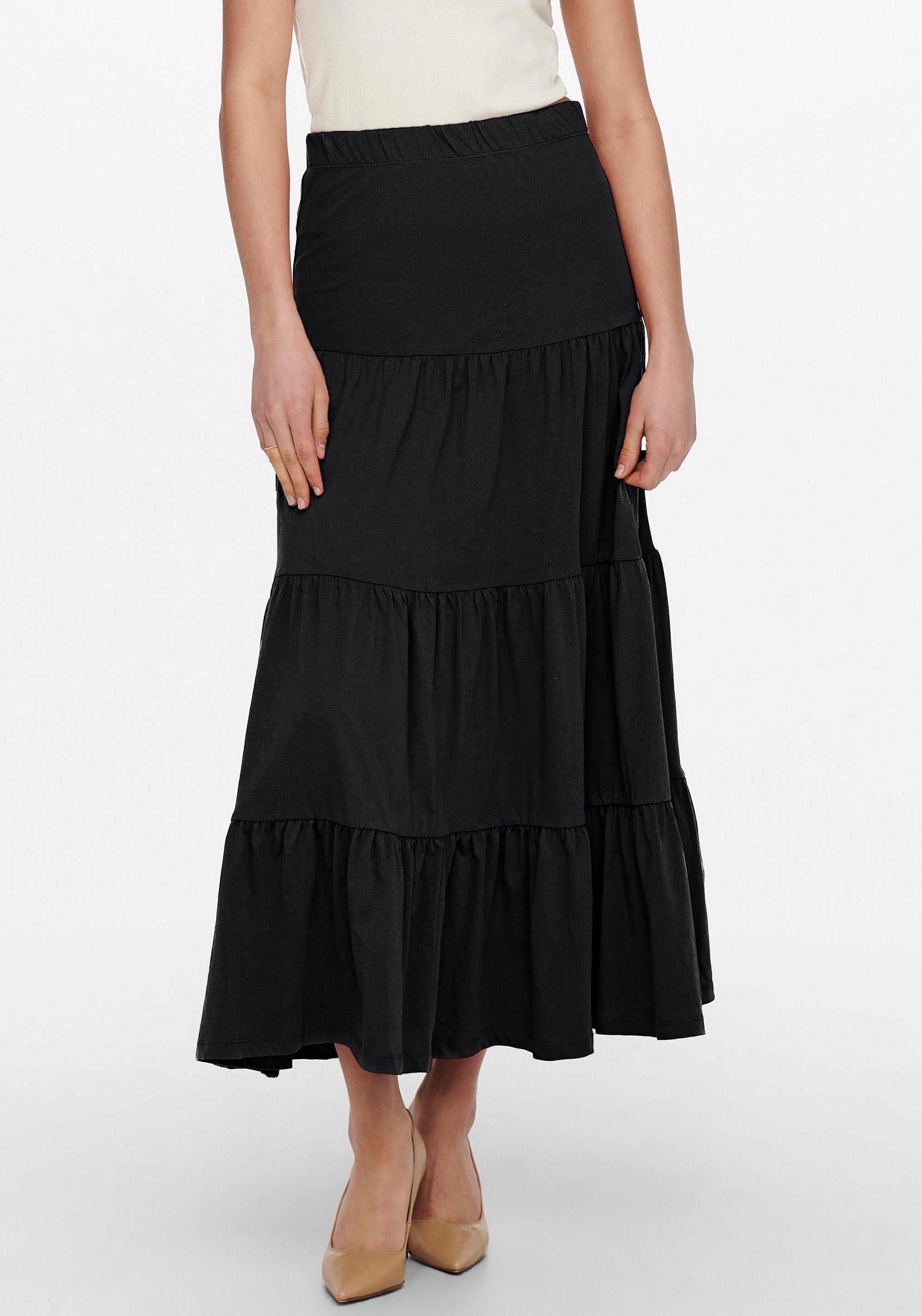 Maxirock Only "Onlmay Maxi Skirt", Damen, Gr. XS (34), Schwarz, Jersey, Obermaterial: 100% Baumwolle, Unifarben, Figurbetont KnöChelfrei, RöCke Maxirock, Baumwolle, Mit Volant