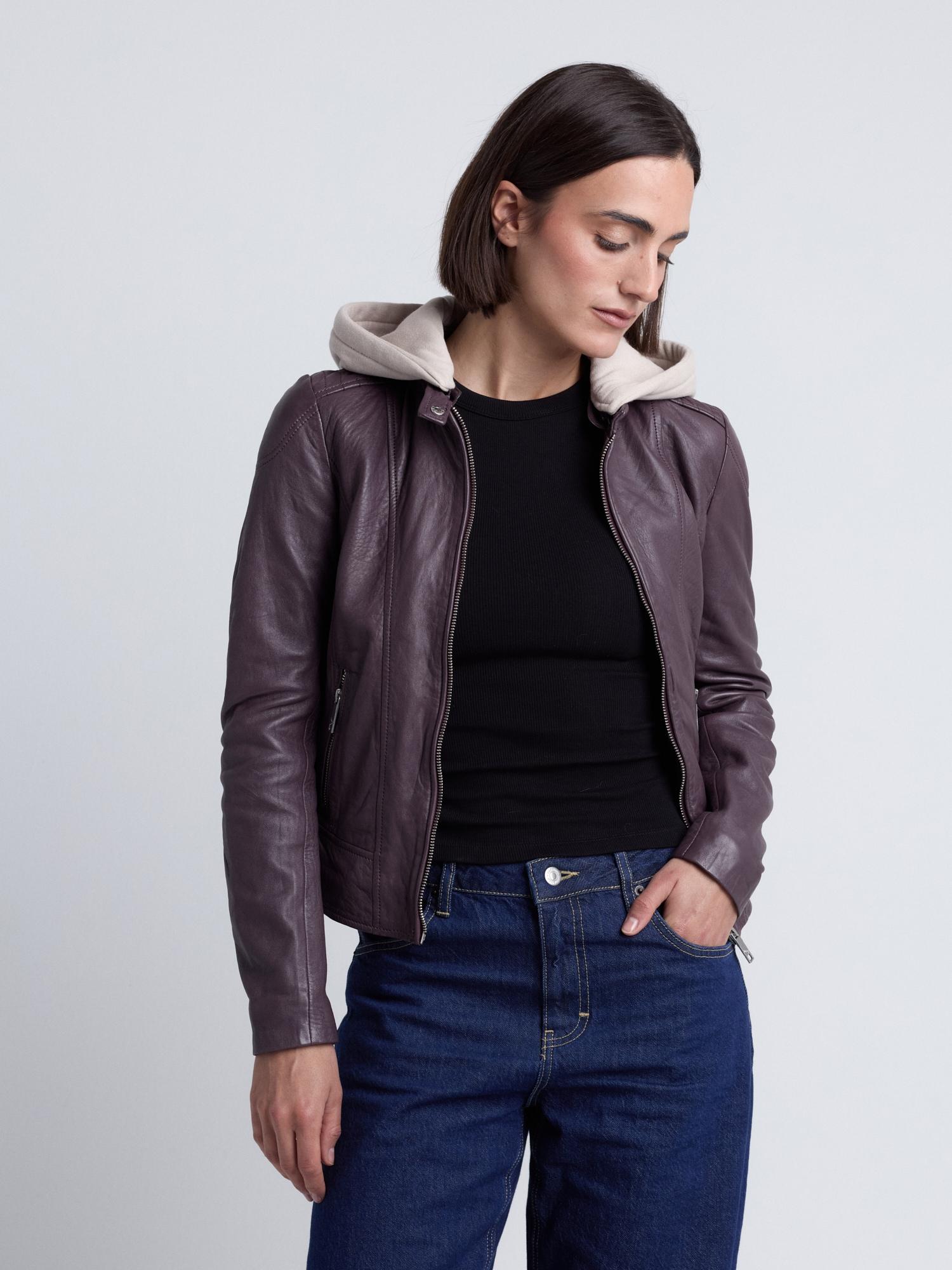 Lederjacke Maze "42024107", Damen, Gr. Xl, Braun (Plum), Oberstoff: 100% Lammleder. Futter: 100% Polyester. ÄRmelfutter: 100% Polyester. Taschenfutter: 100% Baumwolle. Kapuze: 55% Baumwolle, 45% Polyester, Jacken