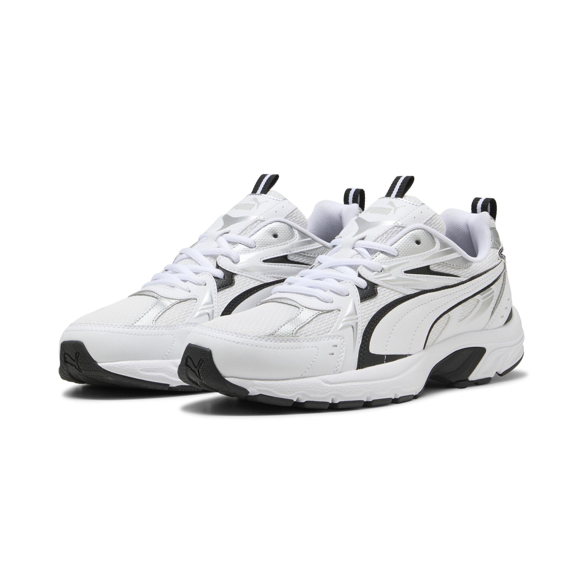Sneaker Puma "Milenio Tech Sneakers Erwachsene", Damen, Gr. 46, Weiß Schwarz Silber Metallic, Obermaterial: Textil, Synthetik. Futter: Textil. Innensohle: Textil. Laufsohle: Gummi, Schuhe Sneaker