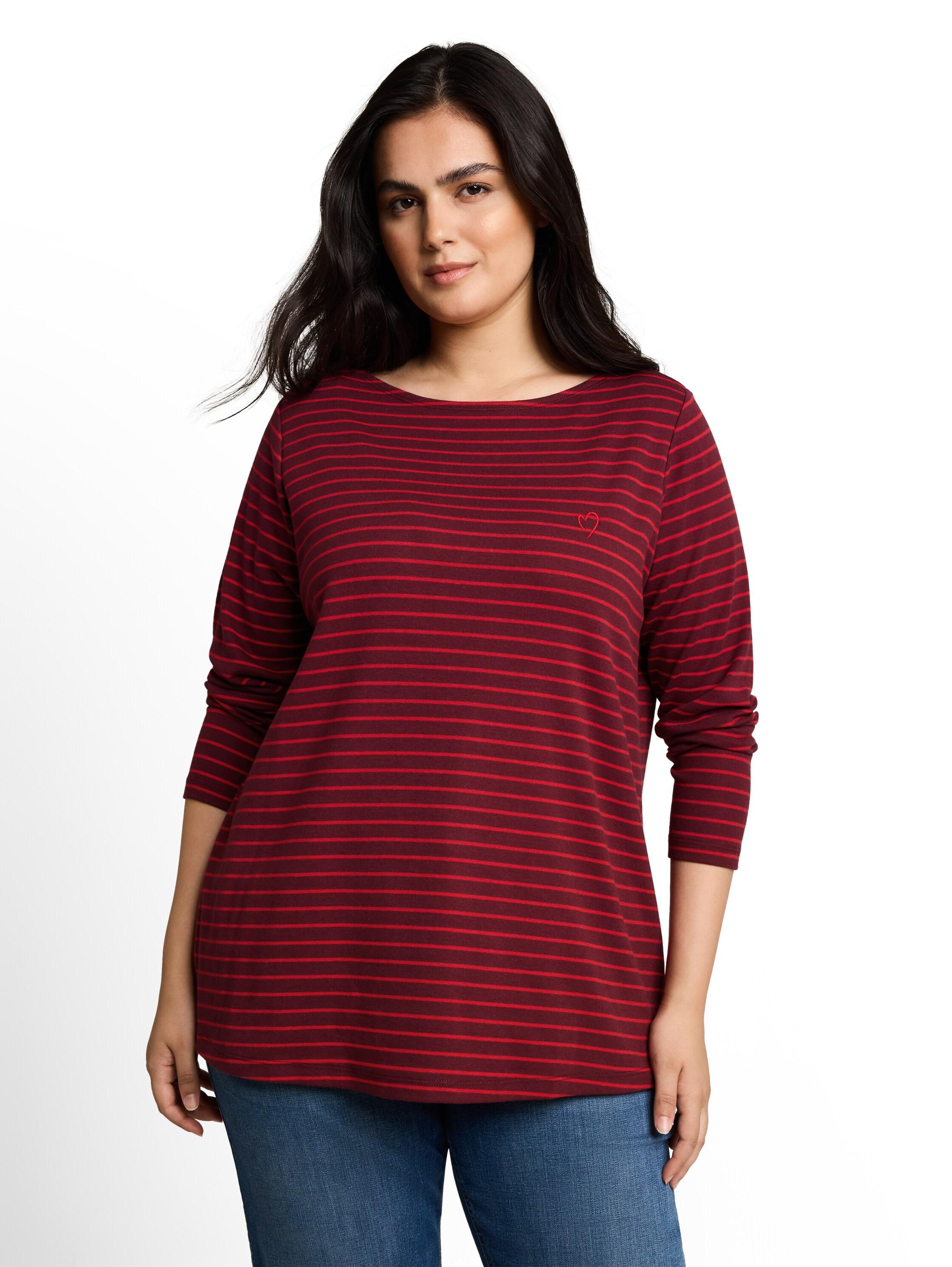Langarmshirt Tom Tailor Plus, Damen, Gr. 50, Preppy Plum Rot Stripe, Single Jersey, Obermaterial: 97% Baumwolle, 3% Elasthan, Normal HüFtbedeckend, U-Boot-Ausschnitt, Shirts Langarmshirt, Im Streifen-Design